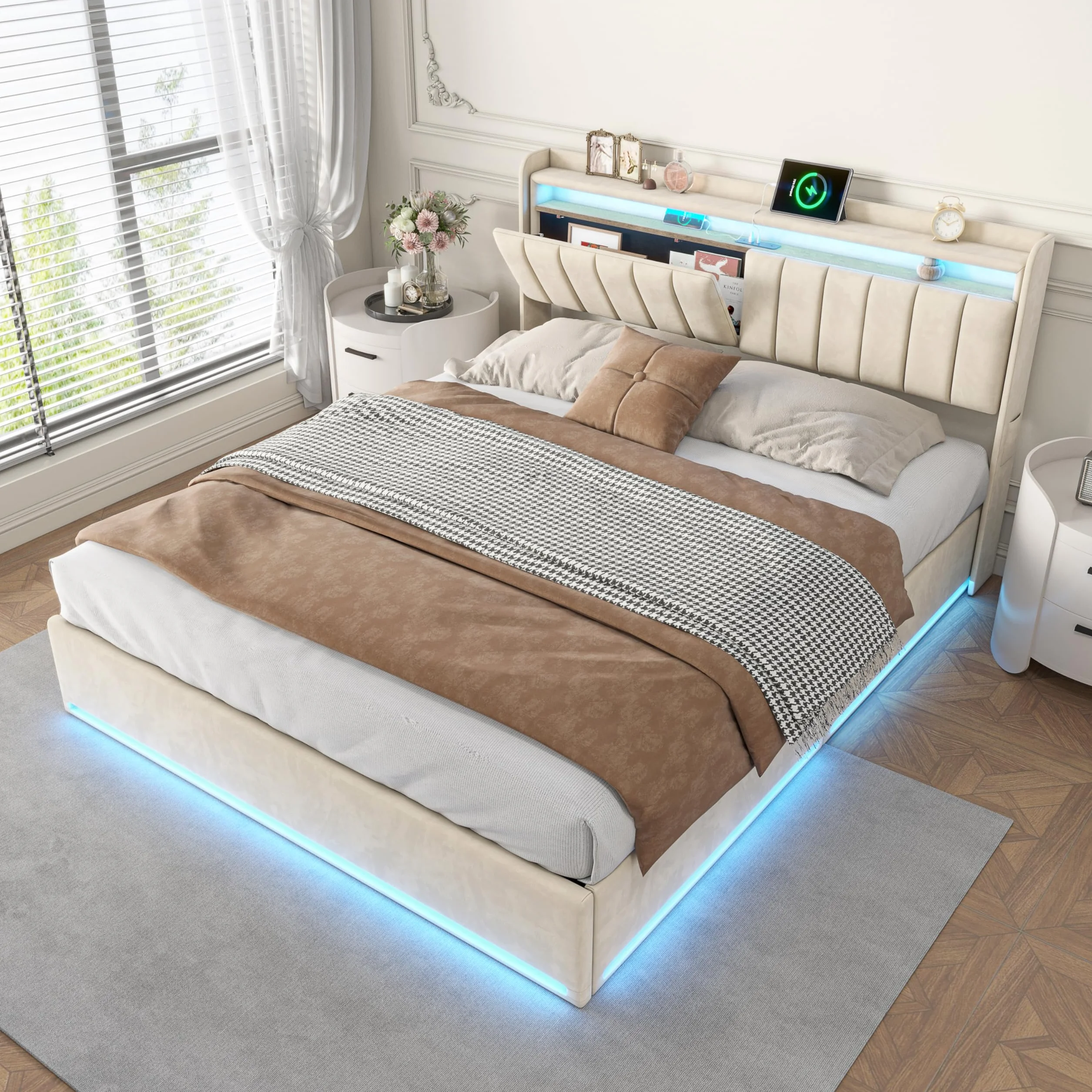 Łóżko tapicerowane z miejscem do przechowywania, 140 x 200 cm, podwójne łóżko z oświetleniem USB i LED, hydrauliczne łóżko do przechowywania, rama łóżka ze stelażem i skrzynią na pościel