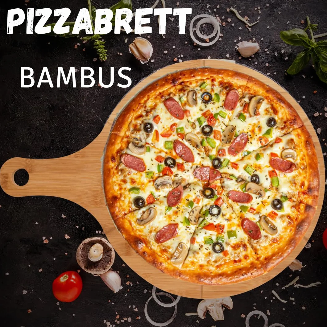 hausleben 2 bambusowe talerze do pizzy | Ø 33 cm | dwupak | deska do pizzy: okrągła deska do krojenia i serwowania z uchwytem