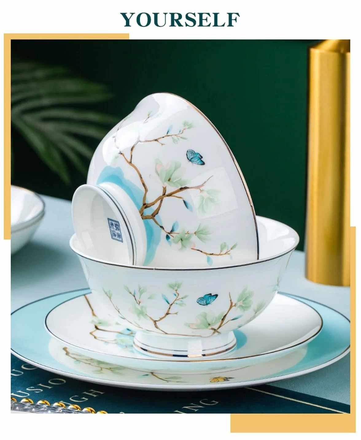 H3TF5J Angielski zestaw stołowy porcelanowy, 60 sztuk kości China, zastawa stołowa, niebieski kwiatowy wzór ceramiczny, kuchenka mikrofalowa i zmywarka
