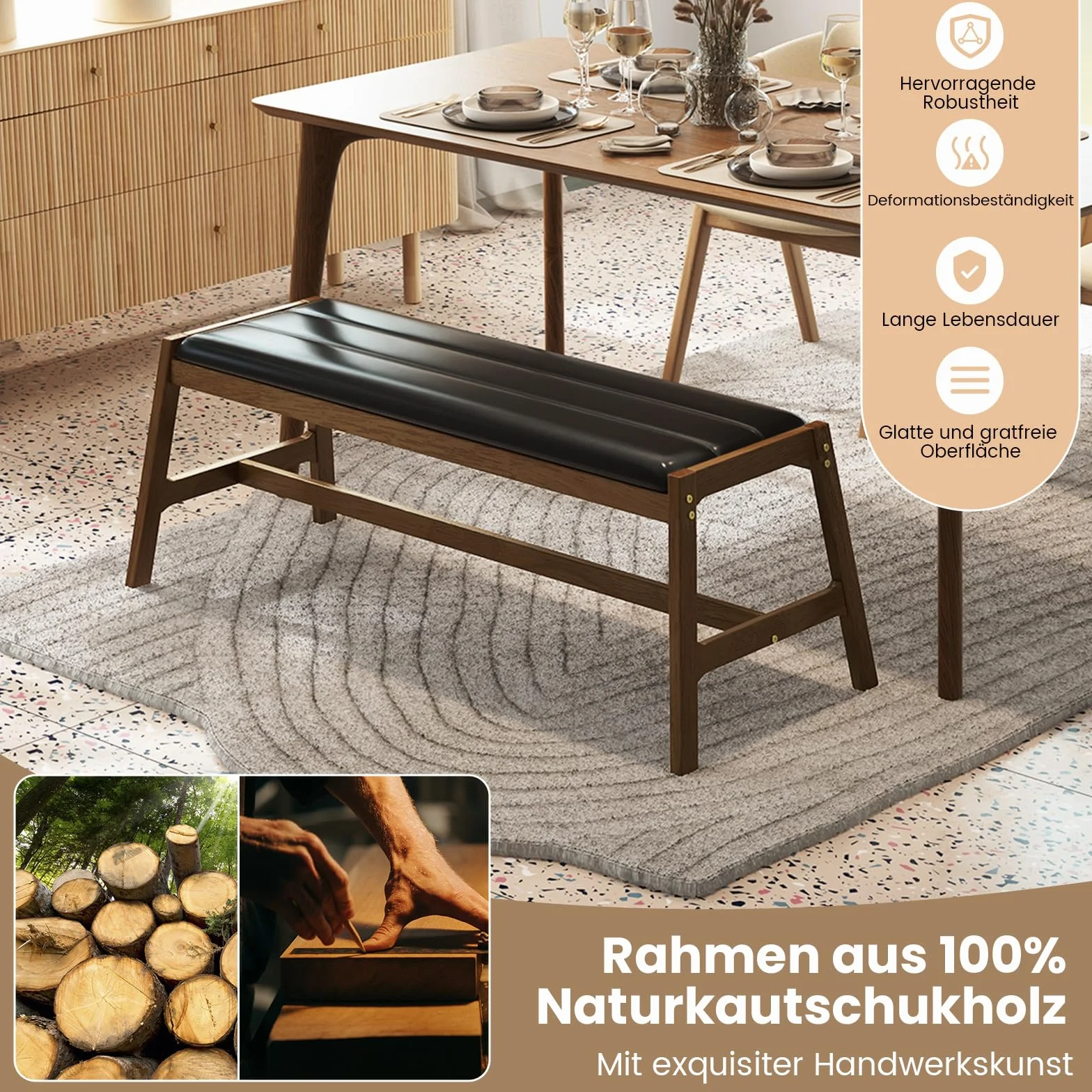 COSTWAY 127 cm ławka do siedzenia, ławka do jadalni, gumowa drewniana rama, ławka wejściowa do wymiany butów, drewniana ławka do salonu, sypialni, jadalni