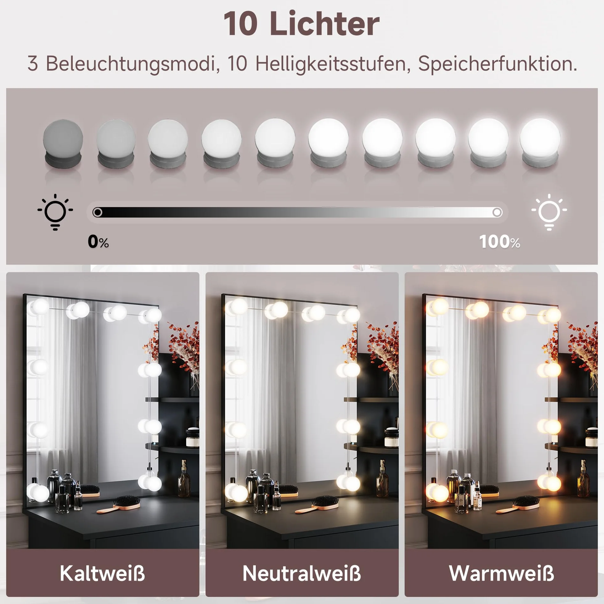 SONNI Toaletka z oświetleniem LED i lusterkiem HD, z 10-stopniową regulacją jasności, 3 kolory, toaletki z szufladami do sypialni, 3 otwarte przegrody, czarna, 70x40x140cm