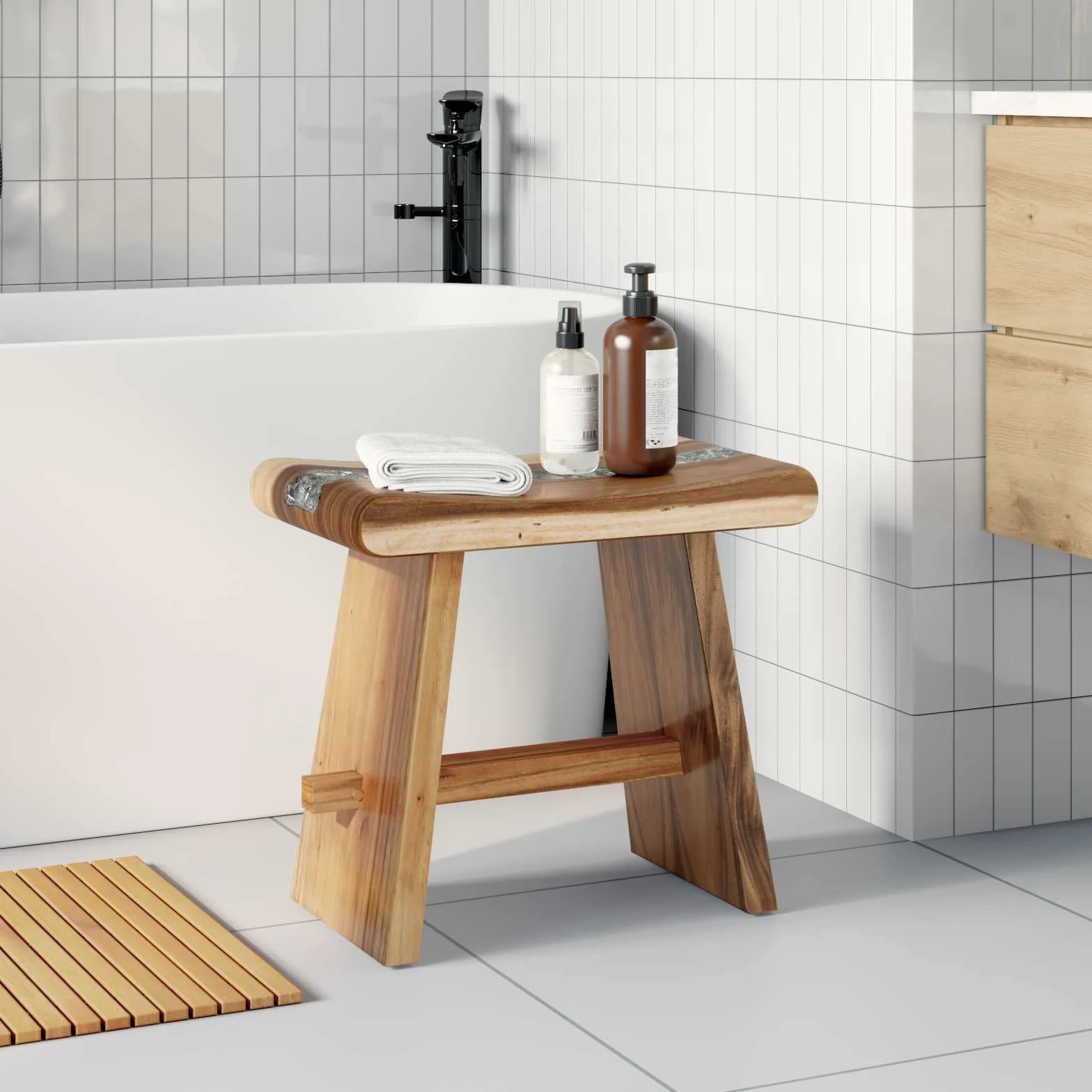 Naturalny taboret prysznicowy, 50 x 30 x 44 cm, z litego drewna suarowego, tacą z żywicy i pękniętym szkłem, nowoczesny design do łazienki, stojak na rośliny lub akcesoria prysznicowe