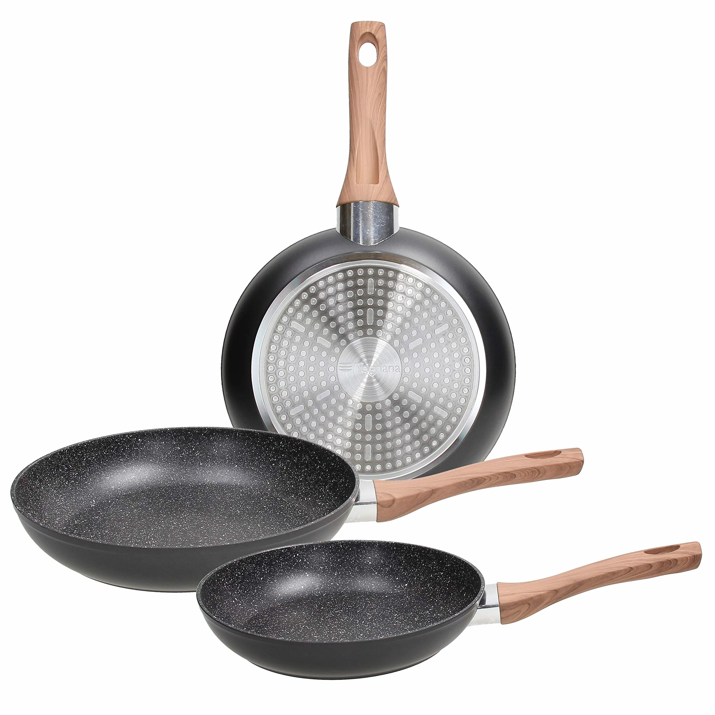 Tognana 3-częściowy zestaw patelni 20-24-28 cm, z aluminium, nadaje się również do płyt indukcyjnych, kolor czarny.