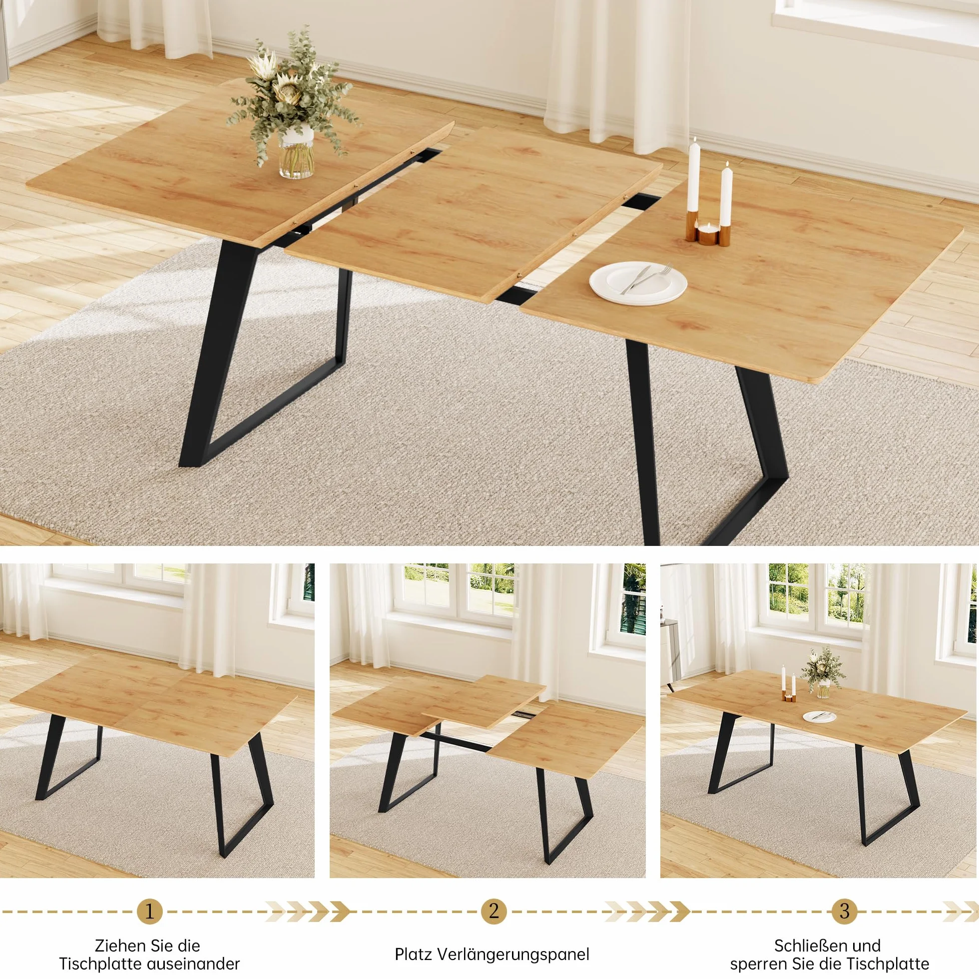 Rozszerzalny zestaw stołów do jadalni 130-170 cm, płyta MDF i metalowa rama, 4-6, nowoczesny design do domu i kuchni, idealny na rodzinne spotkania i rozrywkę