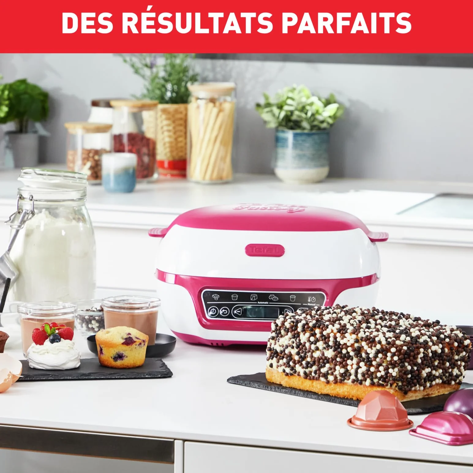 Tefal Inteligentna maszyna do ciasta, 5 automatycznych programów, 1 tryb ręczny, 12 foremek do mini ciast, 1 duża forma, kompatybilna z serią CreaBake, fabryka tortów rozkoszy KD810112
