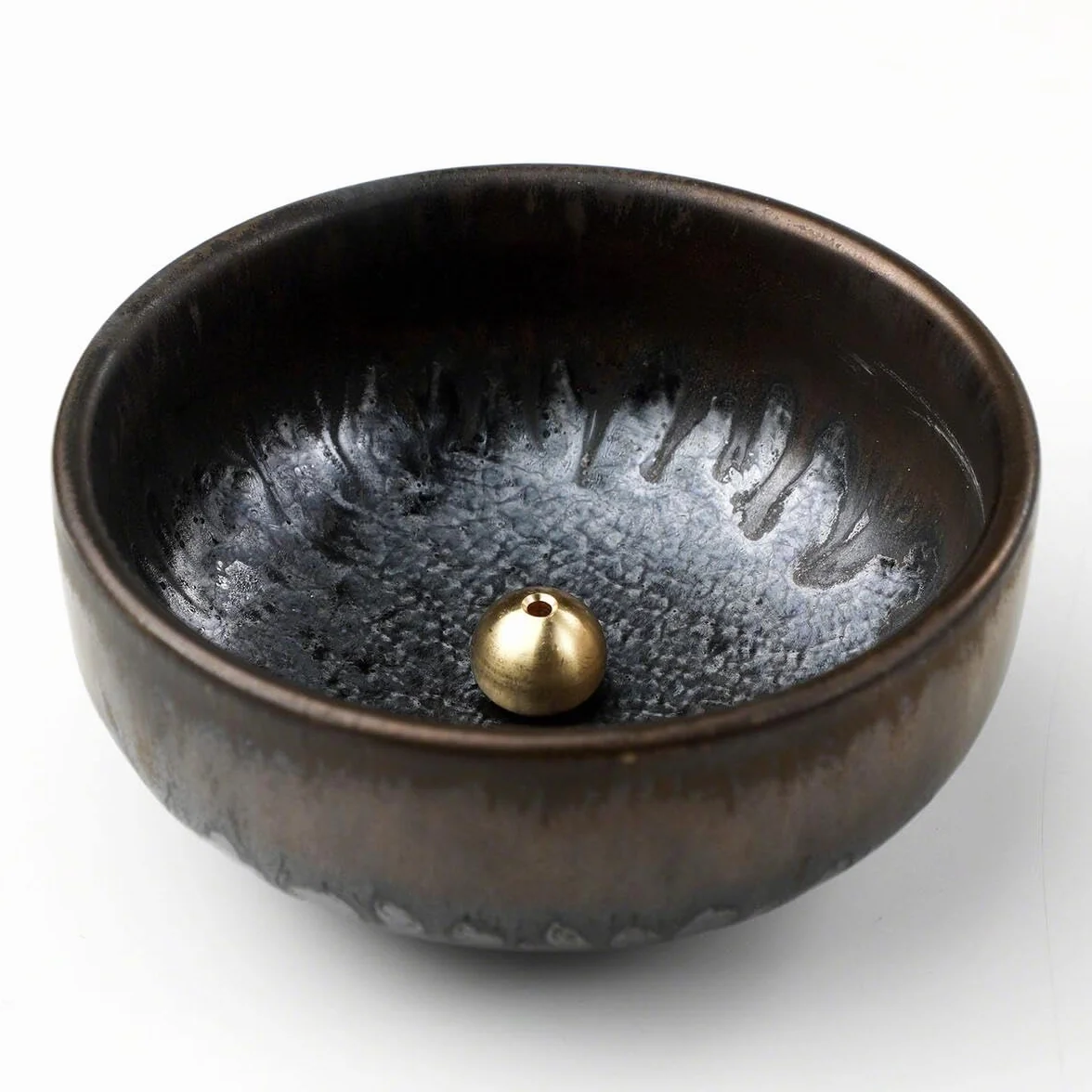Asayu Made in Japan pojemnik na kadzidełka zen, na patyczki z łapaczem popiołu, 10 cm (3,9 cala), czarny i złoty, japoński ceramiczny łapacz popiołu i mosiężny palnik na kadzidełka - Zen czarne złoto