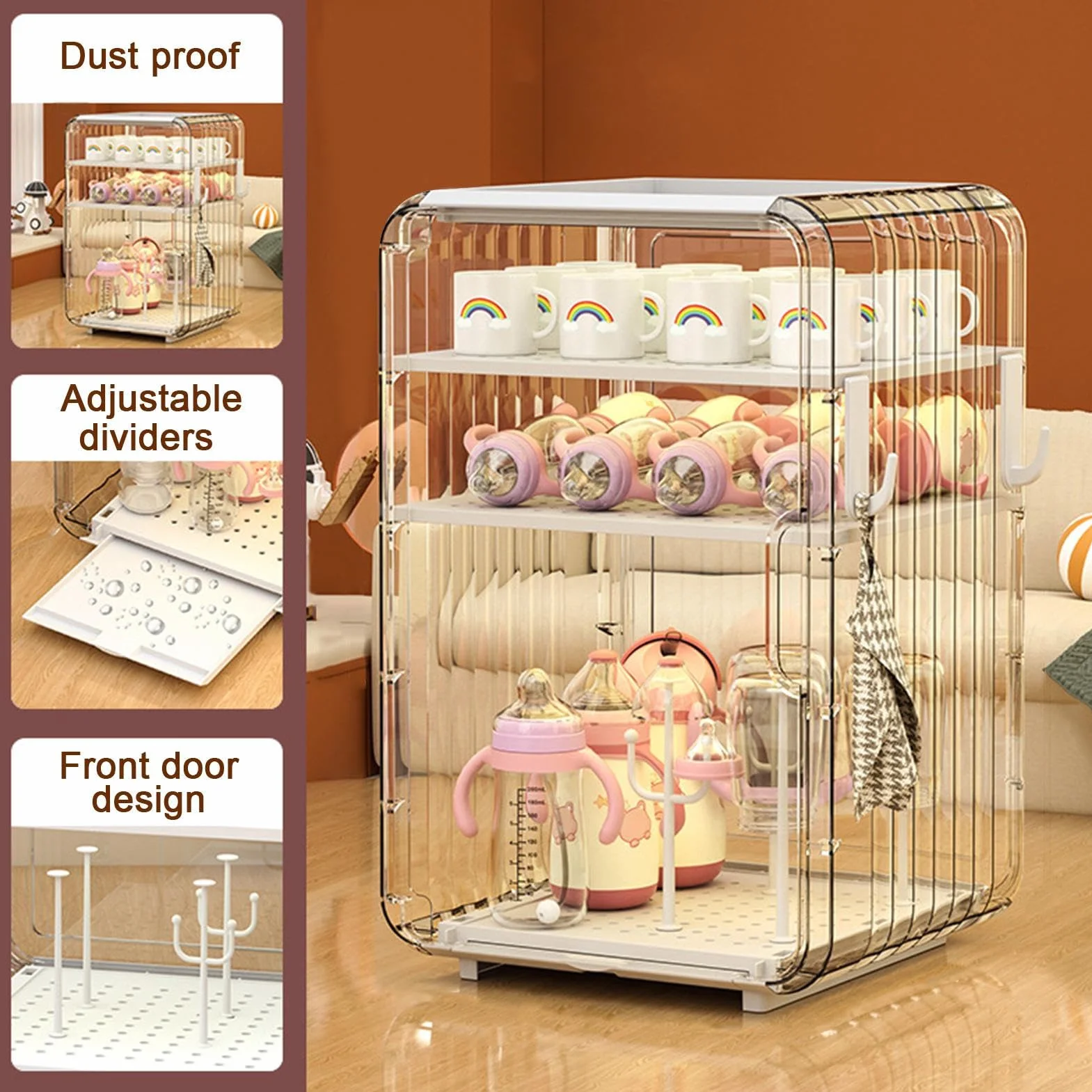 Baby Bottle Organizer, Vertical Cup Storage Box, Covered Holder for Cutlery and Accessories, Multi Use Container for Kitchen Table Fridge Closet Bedroom Pantry Nursery Storage Use