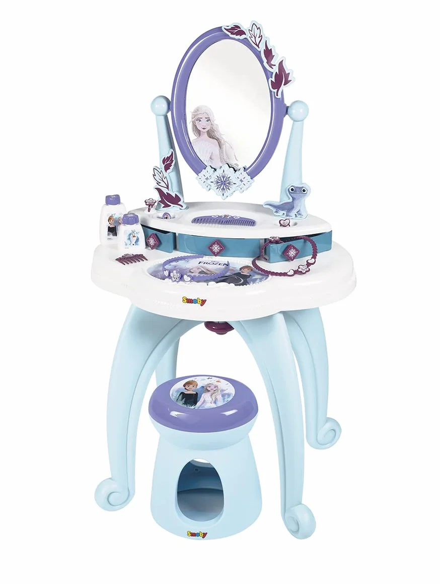 Smoby 7600320244 Kraina Lodu Toaletka 2w1, salon fryzjerki, stolik z lustrem Elsa, taboret, 10 akcesoriów, 49x36x87 cm