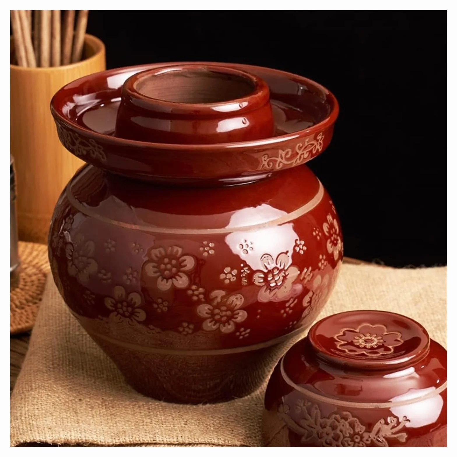 Ceramiczny słoik na ogórki z pokrywkami, duży tradycyjny chiński porcelanowy słoik na ogórki, ceramiczny garnek do fermentacji z pokrywką z uszczelką wodną (6 l)(2.5L)