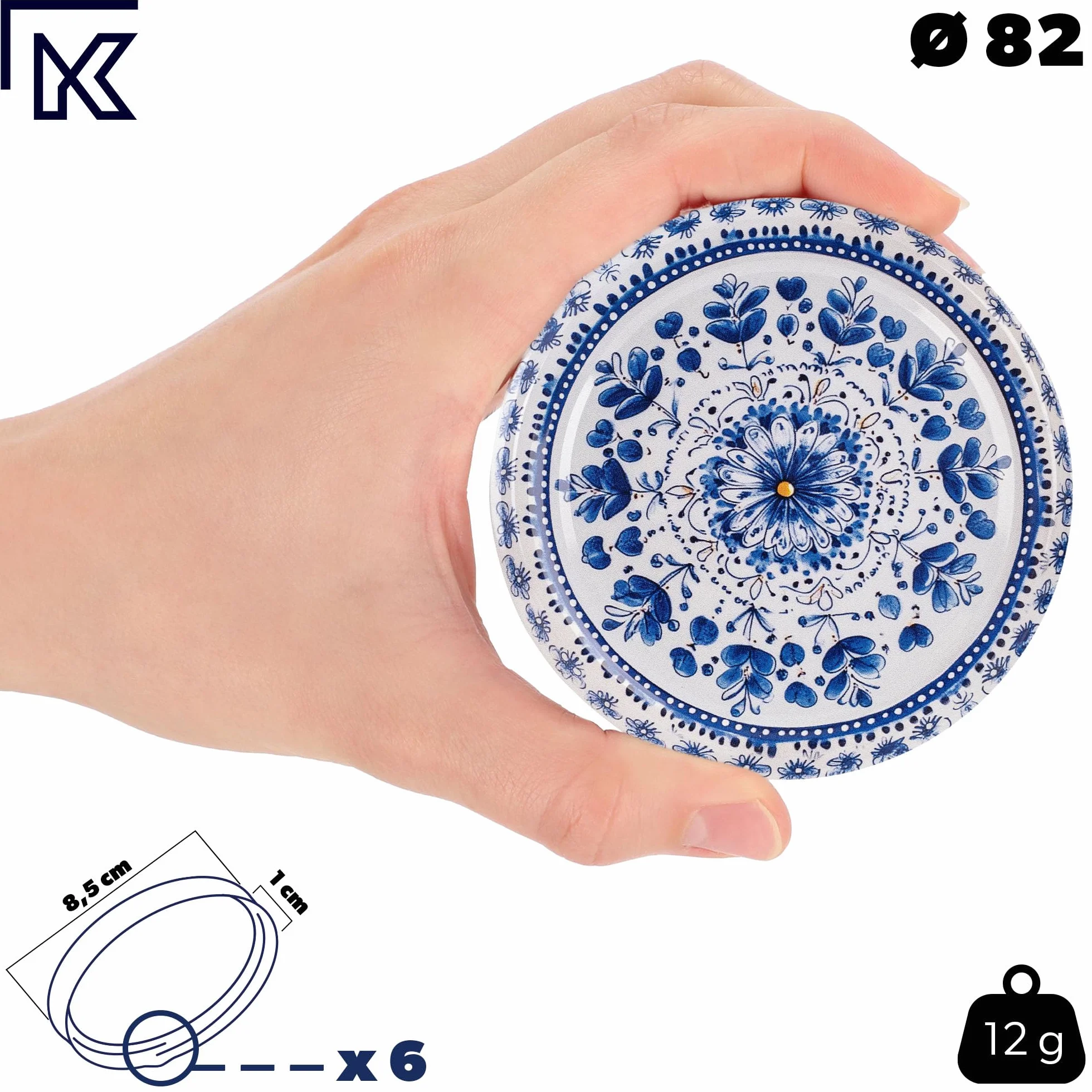 KADAX Zestaw 10 słoików na dżem, 235 ml, z zakręcanymi pokrywkami, w kolorze niebieskim/białym, Ø 82 mm – słoiki na dżem, chutney, marynowane warzywa, pasztety, kiełbasy, mięso, jedzenie dla niemowląt
