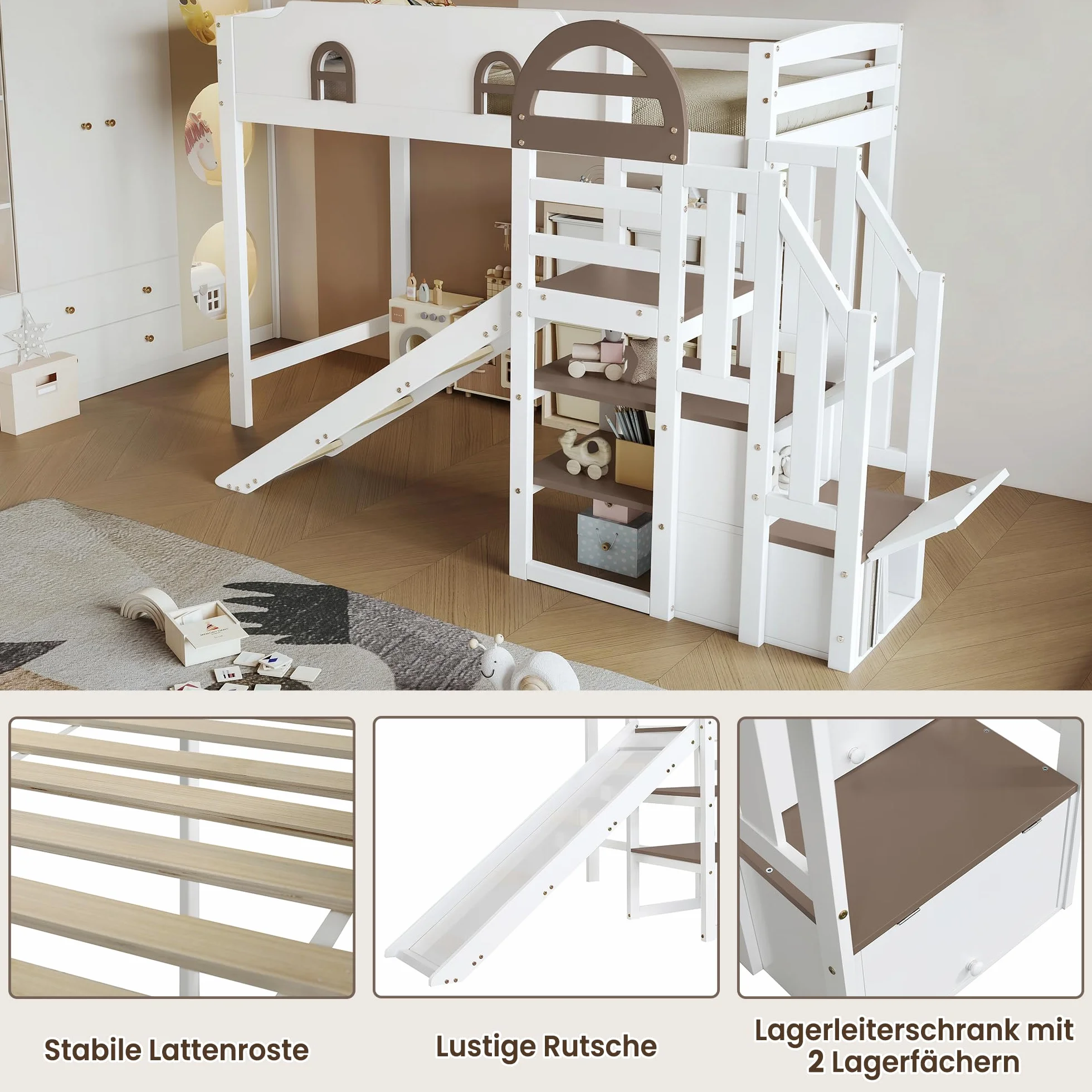 Łóżko piętrowe 90 x 200 cm lite drewno ze stabilnymi listwami i ramą łóżko dwuspadowe ze stałymi oknami i wysokimi barierami i drabinką do przechowywania, biało-brązowe