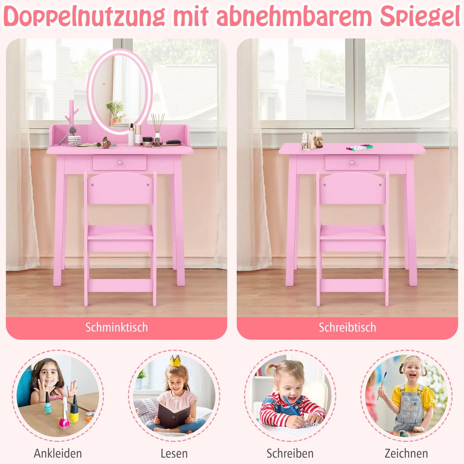 COSTWAY Toaletka dziecięca 2 w 1 z taboretem, toaletka z oświetleniem, drewniana komoda z szufladą i organizerem na biżuterię, dla dziewczynek od 3 lat (różowa)