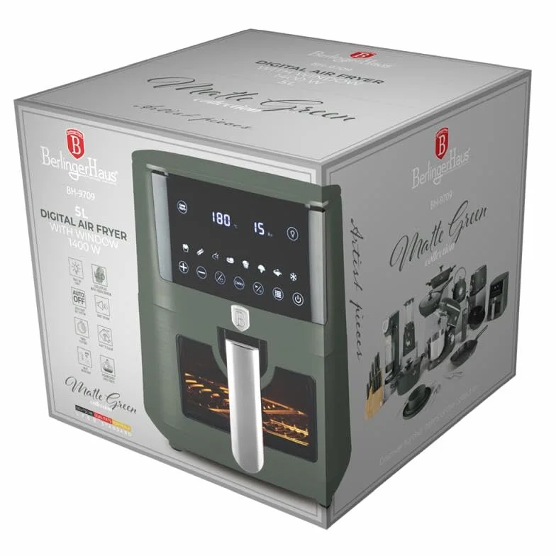 Berlinger Haus Frytkownica na gorące powietrze 5 l | cyfrowy wyświetlacz dotykowy LED, 8 programów, nieprzywierająca, do 200 °C | Matte Green Collection | zdrowe gotowanie bez tłuszczu