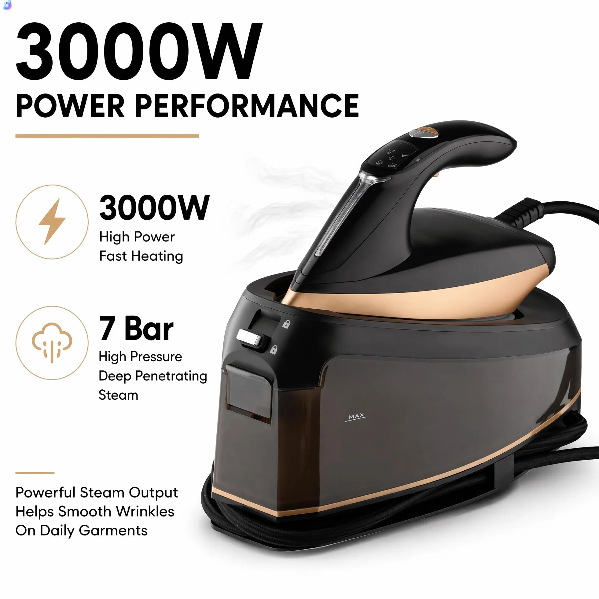 Żelazko parowe ciśnieniowe do użytku domowego, ręczne żelazko elektryczne o mocy 2600 W, 1500 ml, parownica do odzieży z wiszącą butelką(Black)