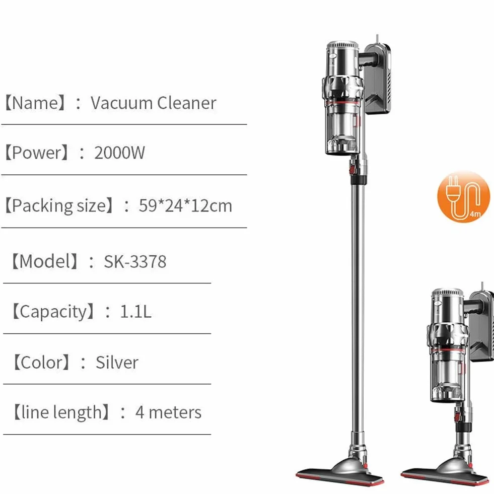 Odkurzacz pionowy bezworkowy, przewodowy odkurzacz pionowy o mocy 2000 W, pojemnik na kurz o pojemności 1,1 l, 5 skutecznych filtrów, regulowana wysokość, do zasłon, sof, podłóg drewnianych