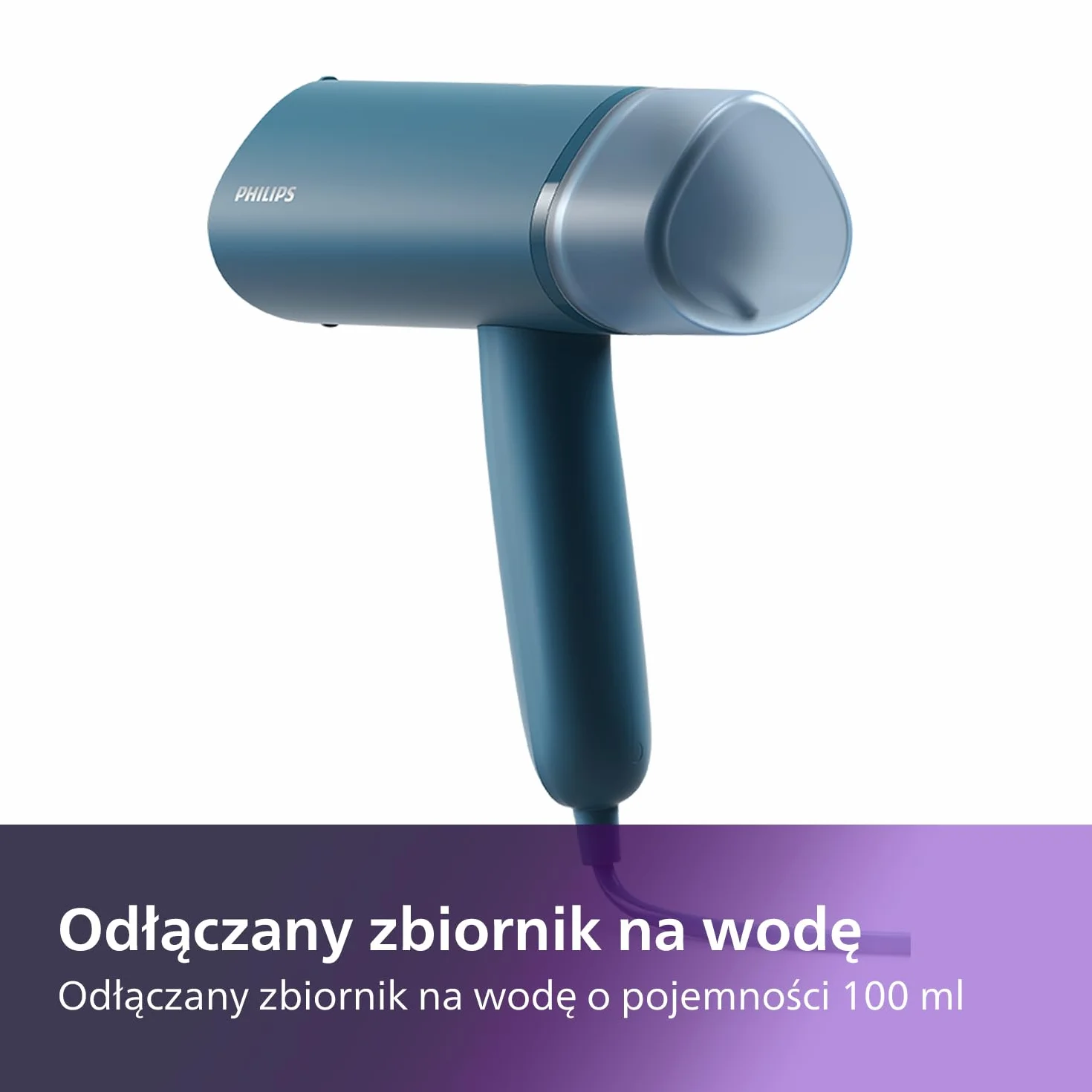 Philips Parownica Ręczna Serii 3000 - Moc 1000 W, 20 g/min Ciągłej Pary, Odłączany Zbiornik na Wodę o pojemności 100 ml, Plastikowa Płytka, Niebieski (STH3000/20)