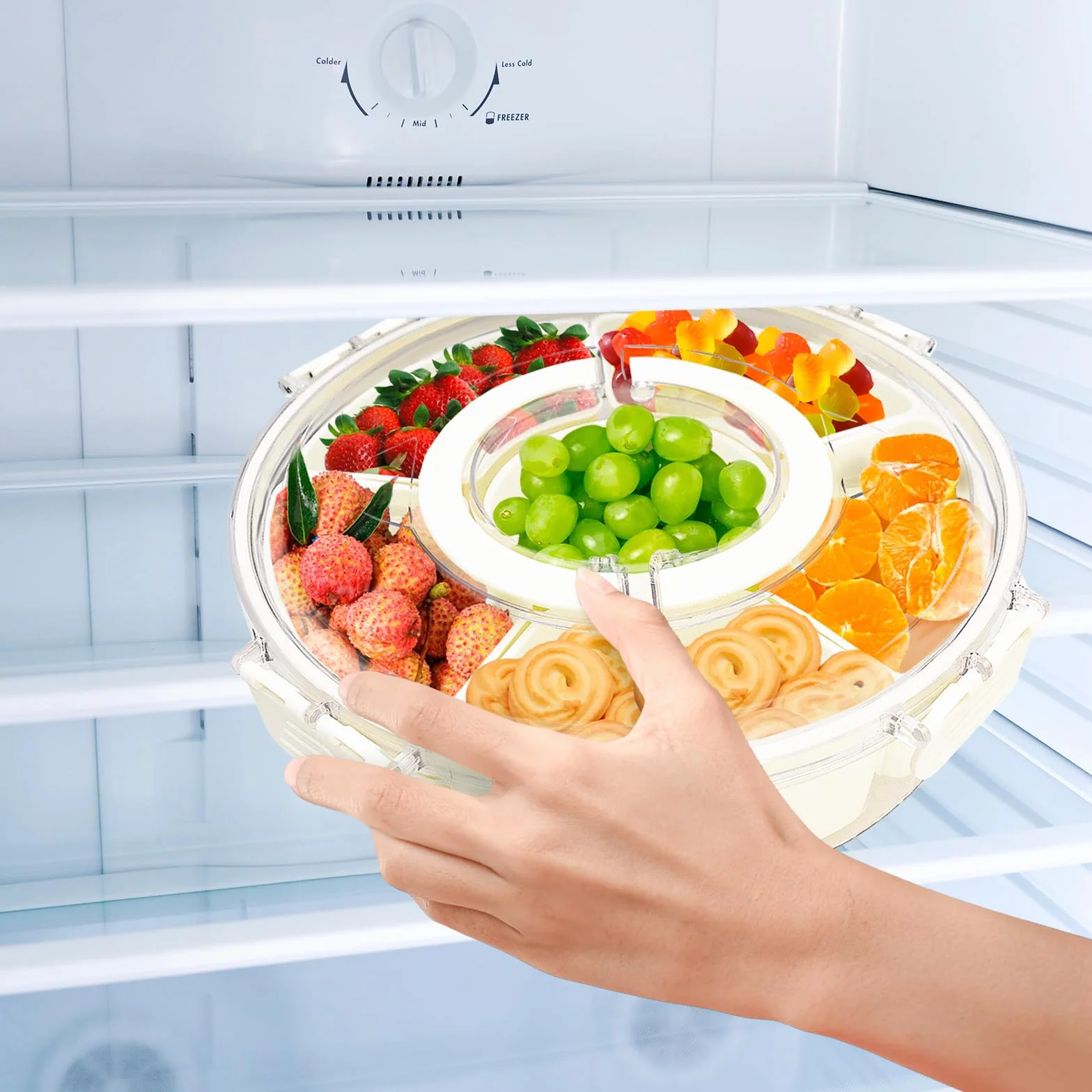 Okrągłe pudełko na przekąski z pokrywką, pojemnik na przekąski z 6 przegródkami, 27 cm, obracany o 360°, pojemnik na przekąski z pokrywką i uchwytem, na imprezę i piknik, słodycze, orzechy