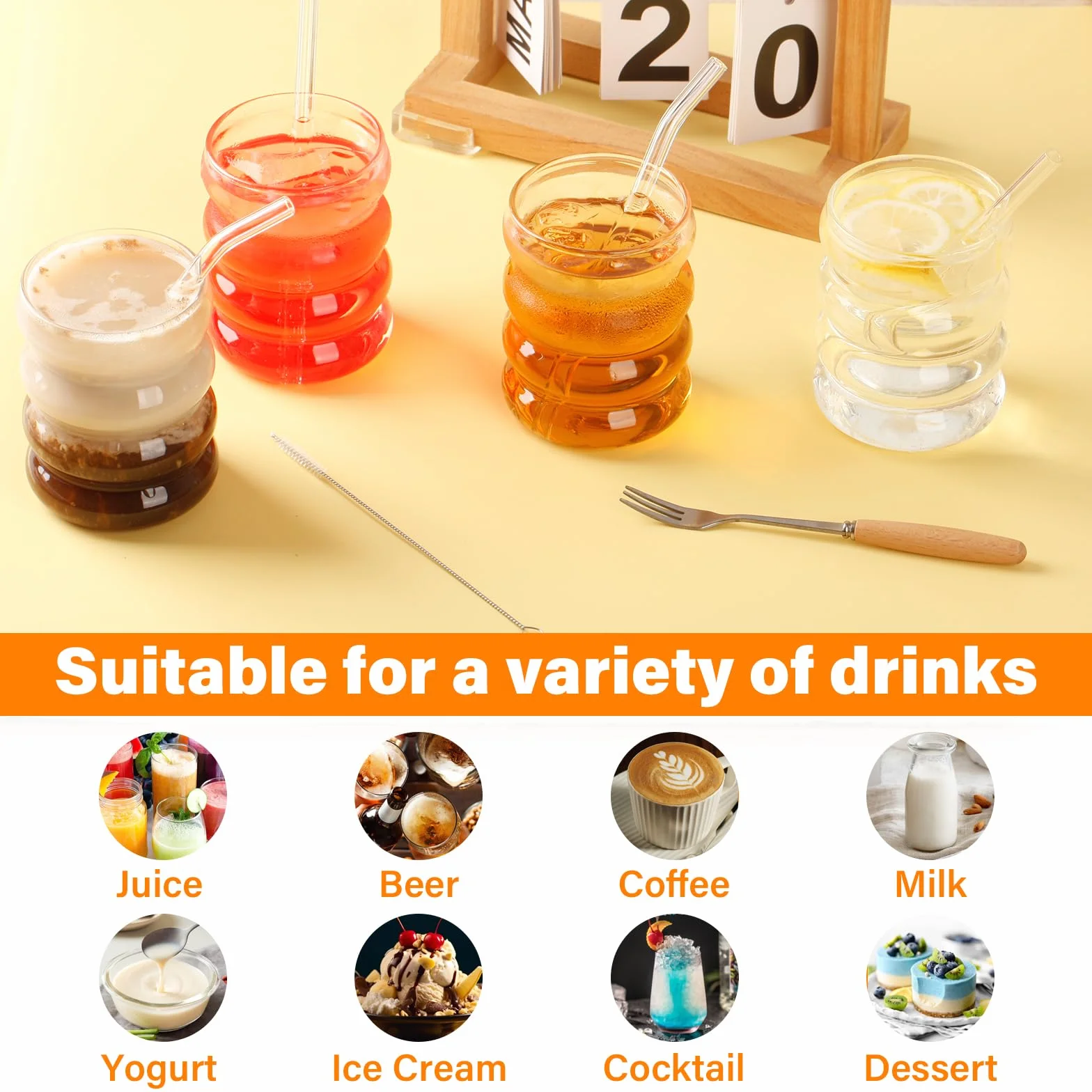 Withosent Szklanki bąbelkowe 300ml ze słomką, zestaw 4 żebrowanych szklanek do picia, szklanki Wave Tumbler, szklanki do wody na latte macchiato, mrożoną kawę, whisky, koktajle, jogurt, napoje