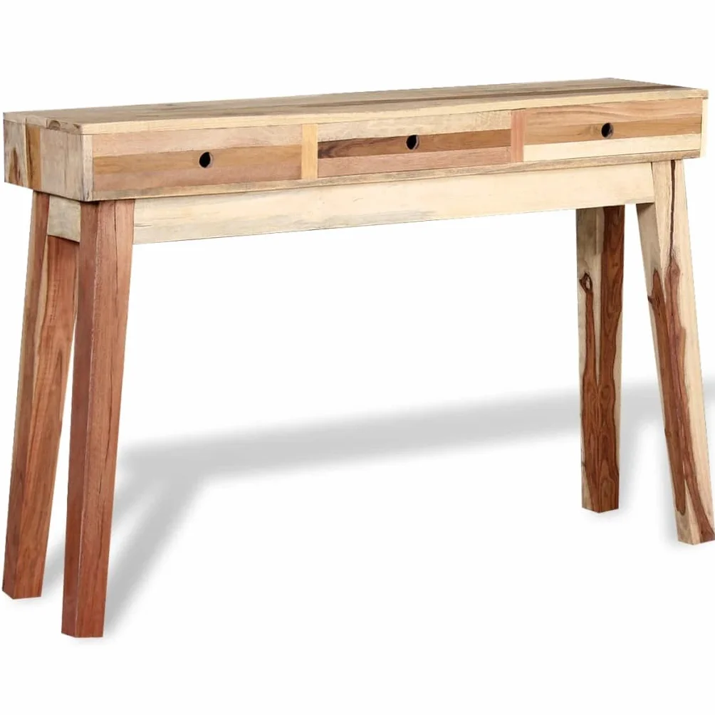 Stolik konsolowy z litego drewna pochodzącego z recyklingu z 3 szufladami, stabilna rama stalowa, komoda do przedpokoju w stylu vintage, stolik pomocniczy 120 x 30 x 80 cm, półka i miejsce do