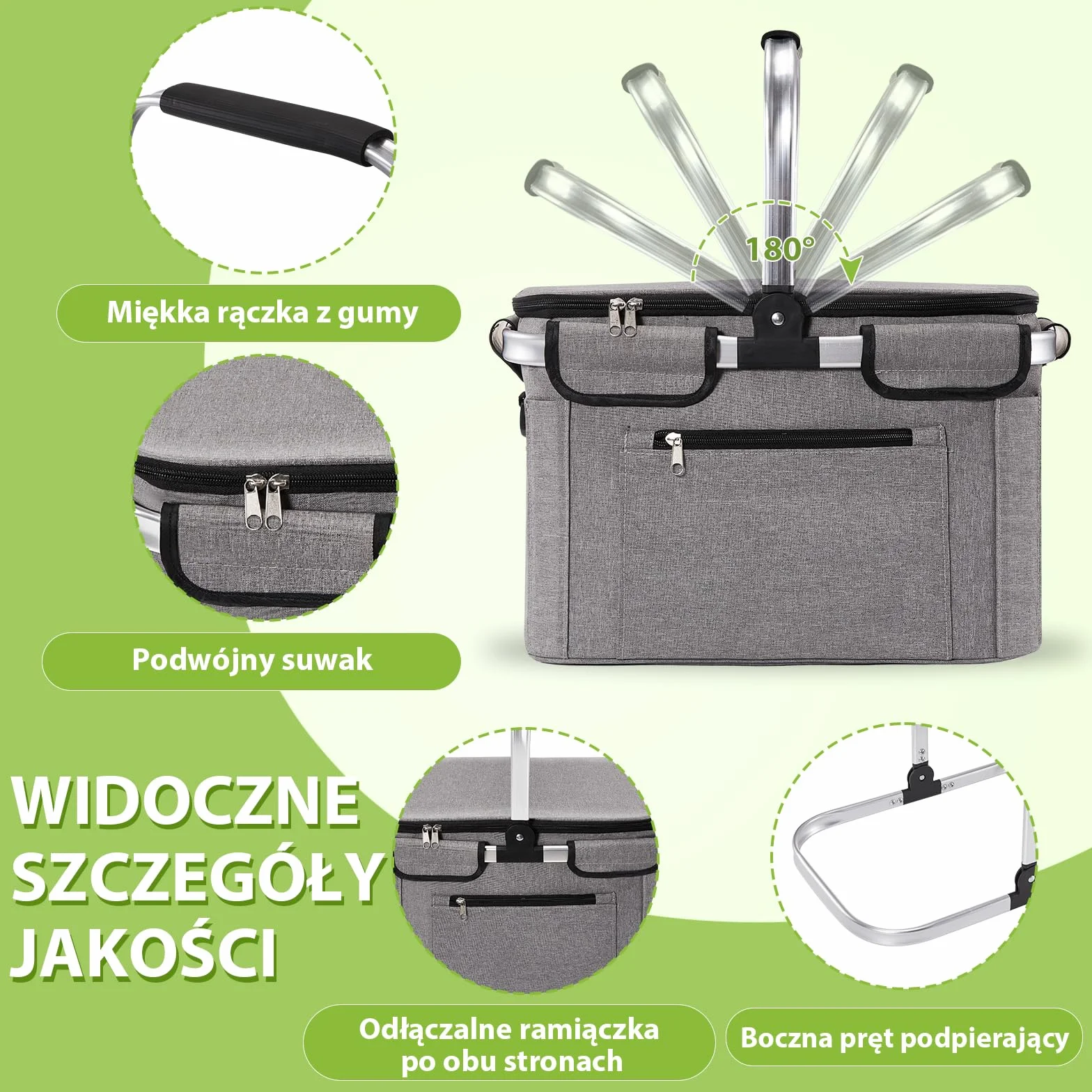 OUSFOT Kosz na Zakupy 30L Składany Szary z Pokrywką