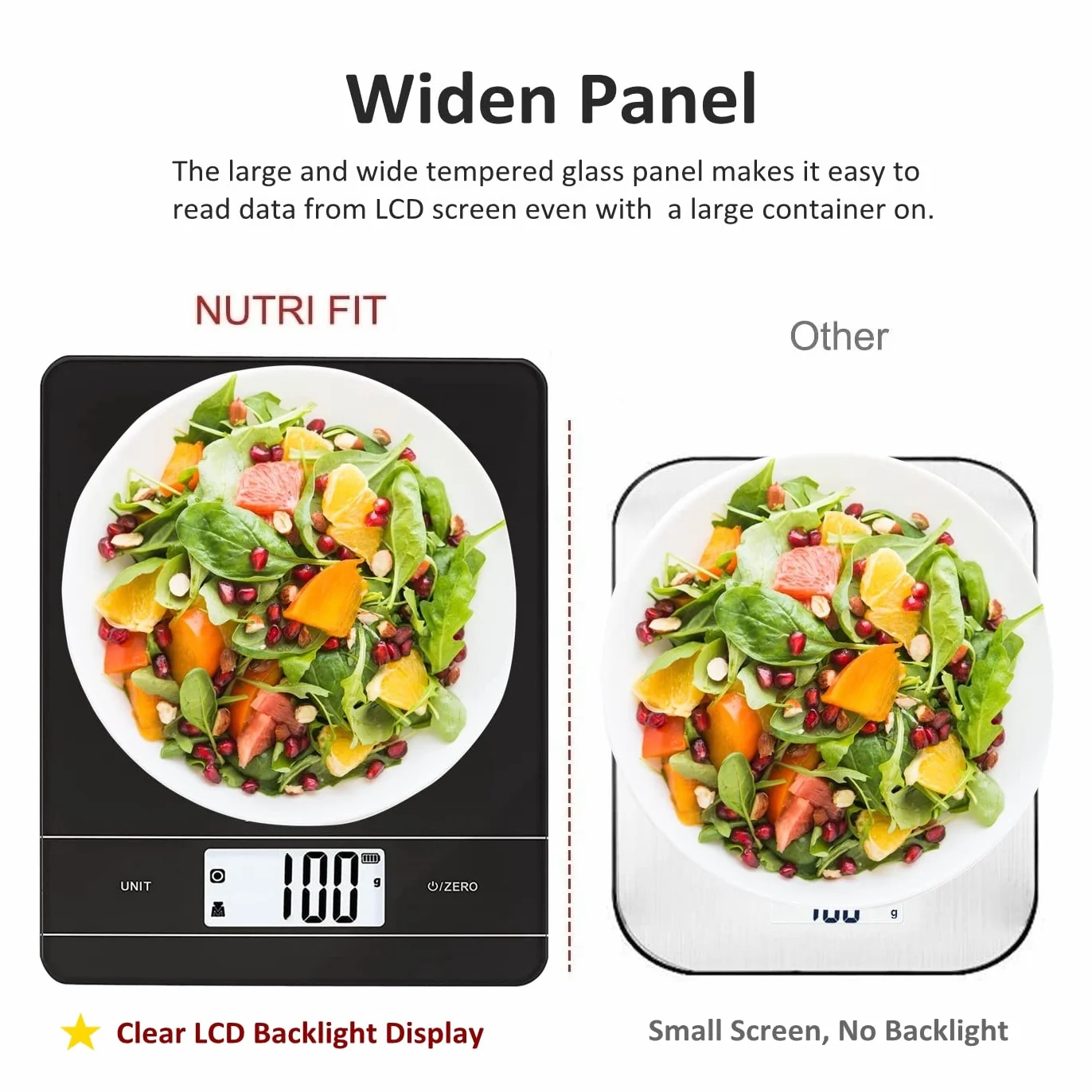 NUTRI FIT Cyfrowa waga kuchenna z możliwością ponownego ładowania, USB typu C, elektroniczna waga do żywności, szeroka platforma ważenia ze szkła hartowanego, podświetlany wyświetlacz LCD, 11 lb/5 kg