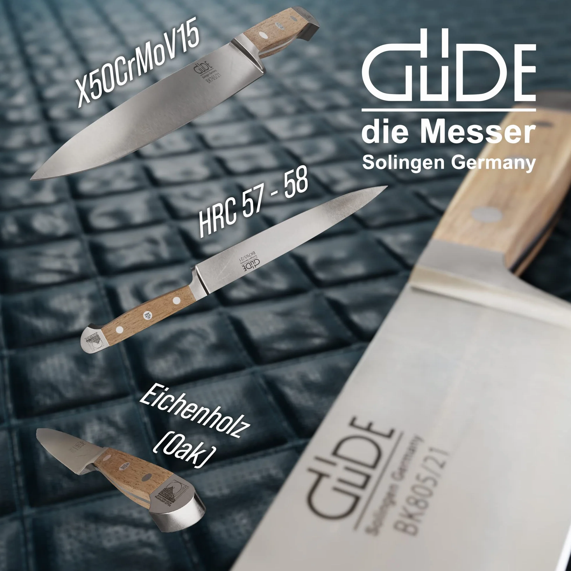 GÜDE Solingen - Nóż do szynki, kuty, 21 cm, dąb Balkhauser Kotten, ALPHA-BALK - Nóż do wędlin, podwójny trzpień, Ręcznie robiony w Niemczech