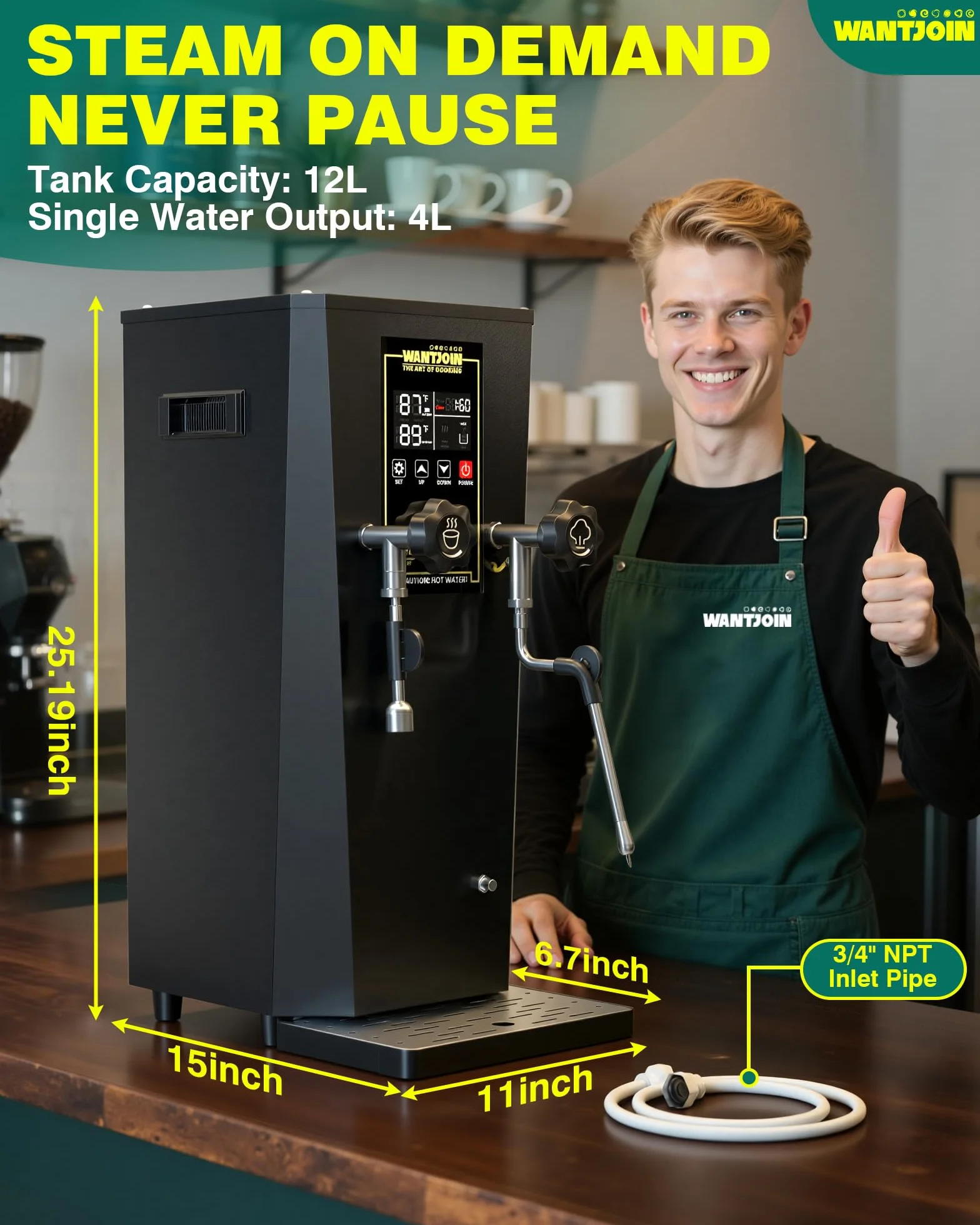 WantJoin - Komercyjny spieniacz do mleka 2000 W i podgrzewacz do napojów, profesjonalny ekspres do mleka z wyświetlaczem LED do mleka, cappuccino, kawy, gorącej czekolady i herbaty