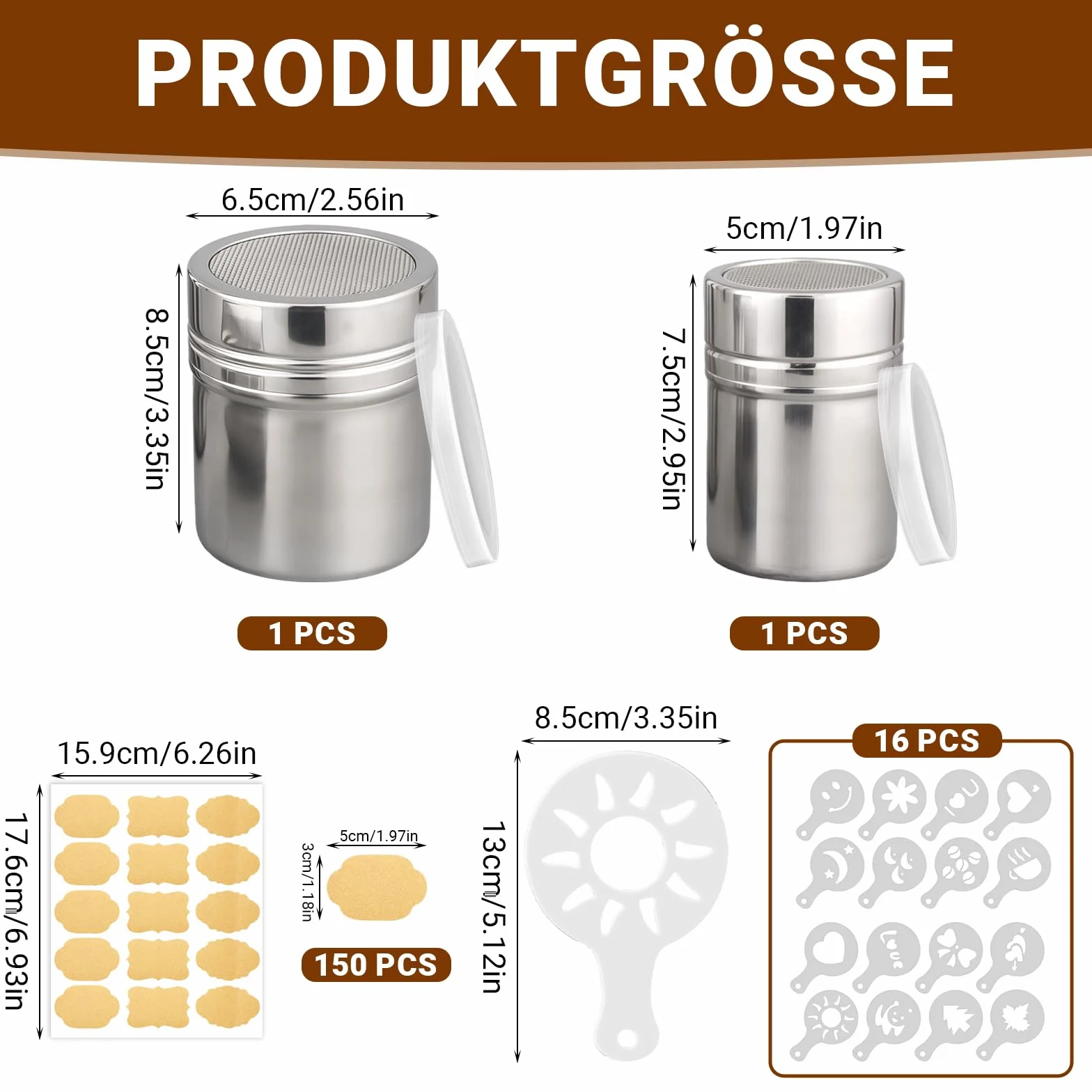 2 sztuki cukierniczek do kakao, ze stali nierdzewnej, z pokrywką utrzymującą świeżość i 16 części, szablony do cappuccino, 10 naklejek Crayful, solniczka do kakao, sitko do cappuccino