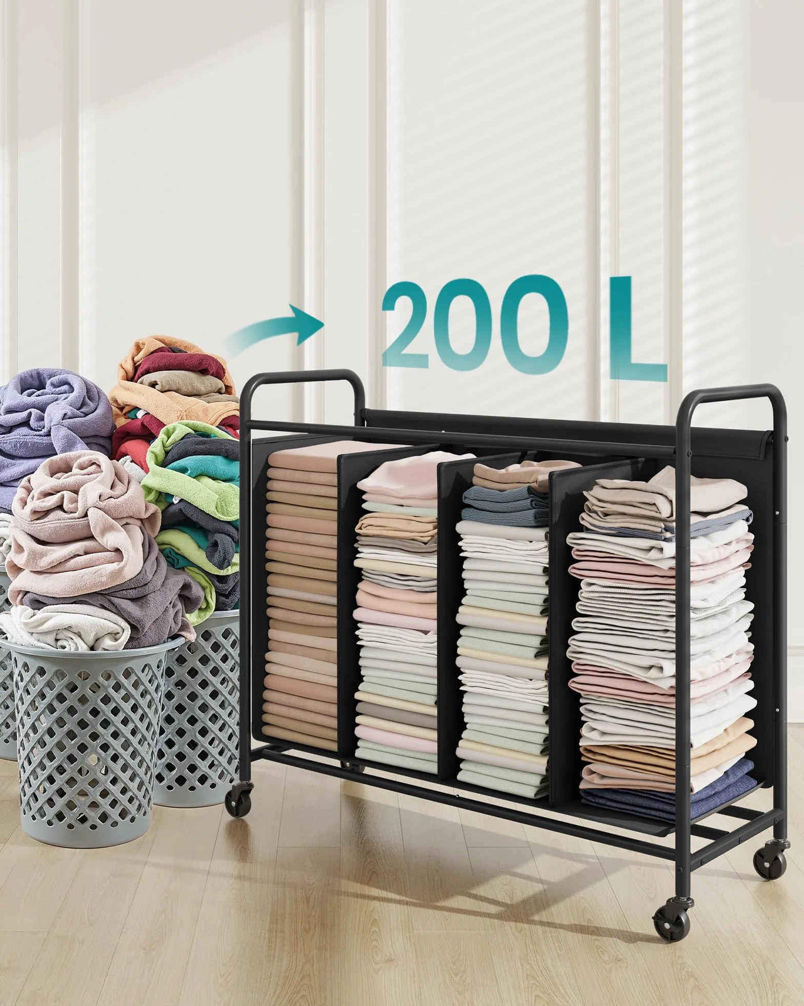 SONGMICS Rolling Laundry Basket 4-komorowy 200-litrowy sorter prania mobilny wózek czarny RLS460B01