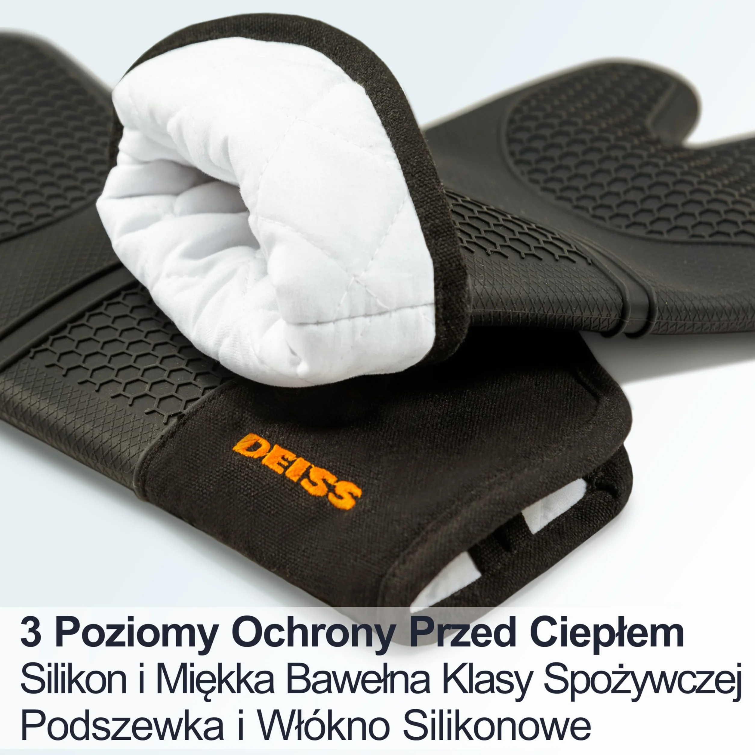 DEISS Pro Zestaw Silikonowych Rękawic Kuchennych Odpornych na Temperatury i Plamy, Rękawice do Grilla z Miękką Bawełnianą Podszewką, Wodoodporne, Bardzo Długie, Elastyczne, Grube Rękawice Kuchenne