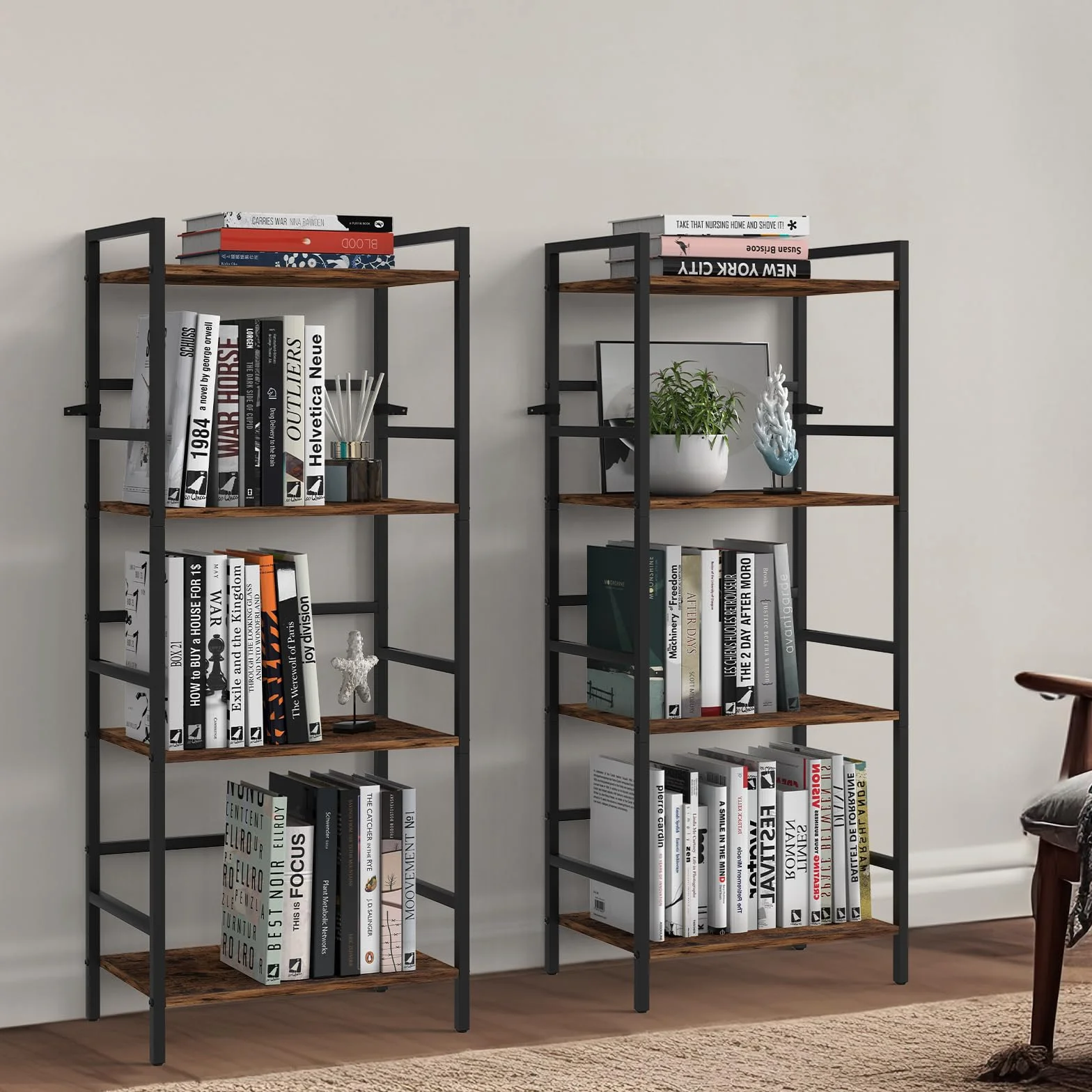 CADUKE 4-poziomowa półka na książki z miejscem do przechowywania Industrial Open Etagere Bookcase Wood Metal Book Shelf Stand Brown Regały na książki do salonu, sypialni, biura