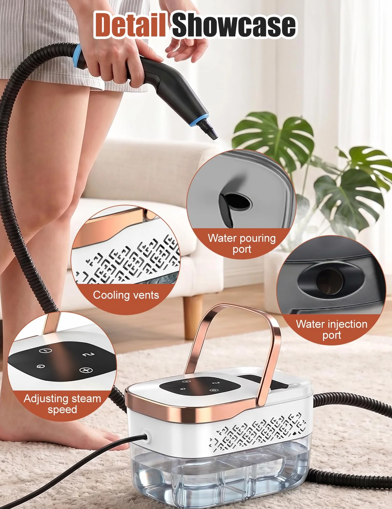 Odkurzacz Parowy, Wielofunkcyjny Ręczny Odkurzacz Parowy o Mocy 2500 W z 6 Regulowanymi Prędkościami i 8 Rodzajami Dysz, Przenośny 1250 ml, Wysokociśnieniowy
