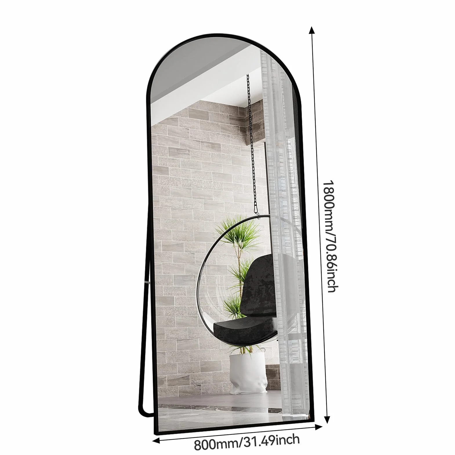 Lustro o pełnej długości, 180 x 80 cm, łukowate lustro Shpe, wolnostojące, duże lustro stojące ze stopu aluminium, do garderoby, przedpokoju, sypialni (czarne)