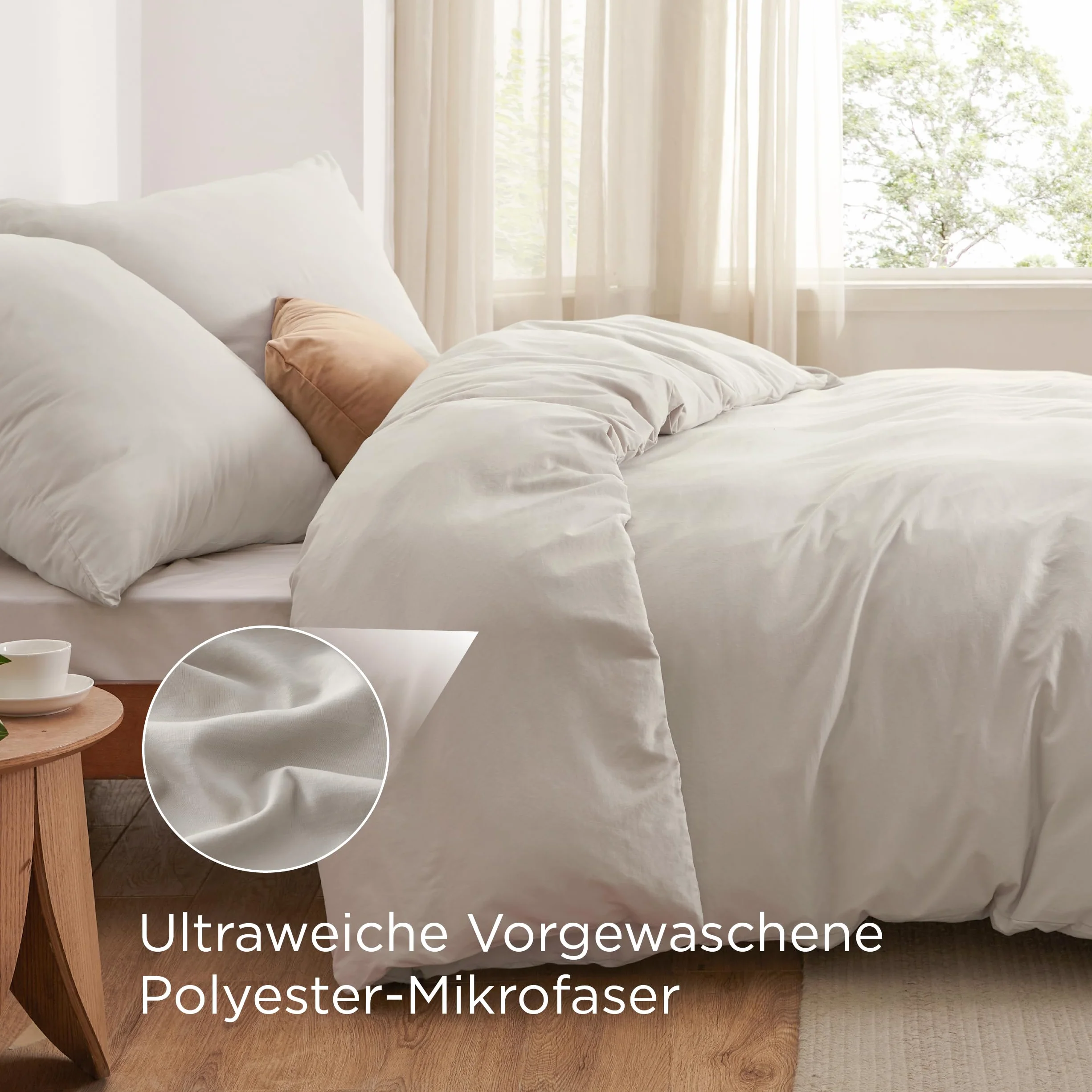 BEDSURE Pościel 200 x 200 cm, 3-częściowa podobna do bawełny - naturalna, 2 x 80 x 80 cm poduszka | Komplet pościeli z mikrofibry, pościel Oeko-TEX z zamkiem błyskawicznym, łatwa w pielęgnacji, bardzo miękka i oddychająca