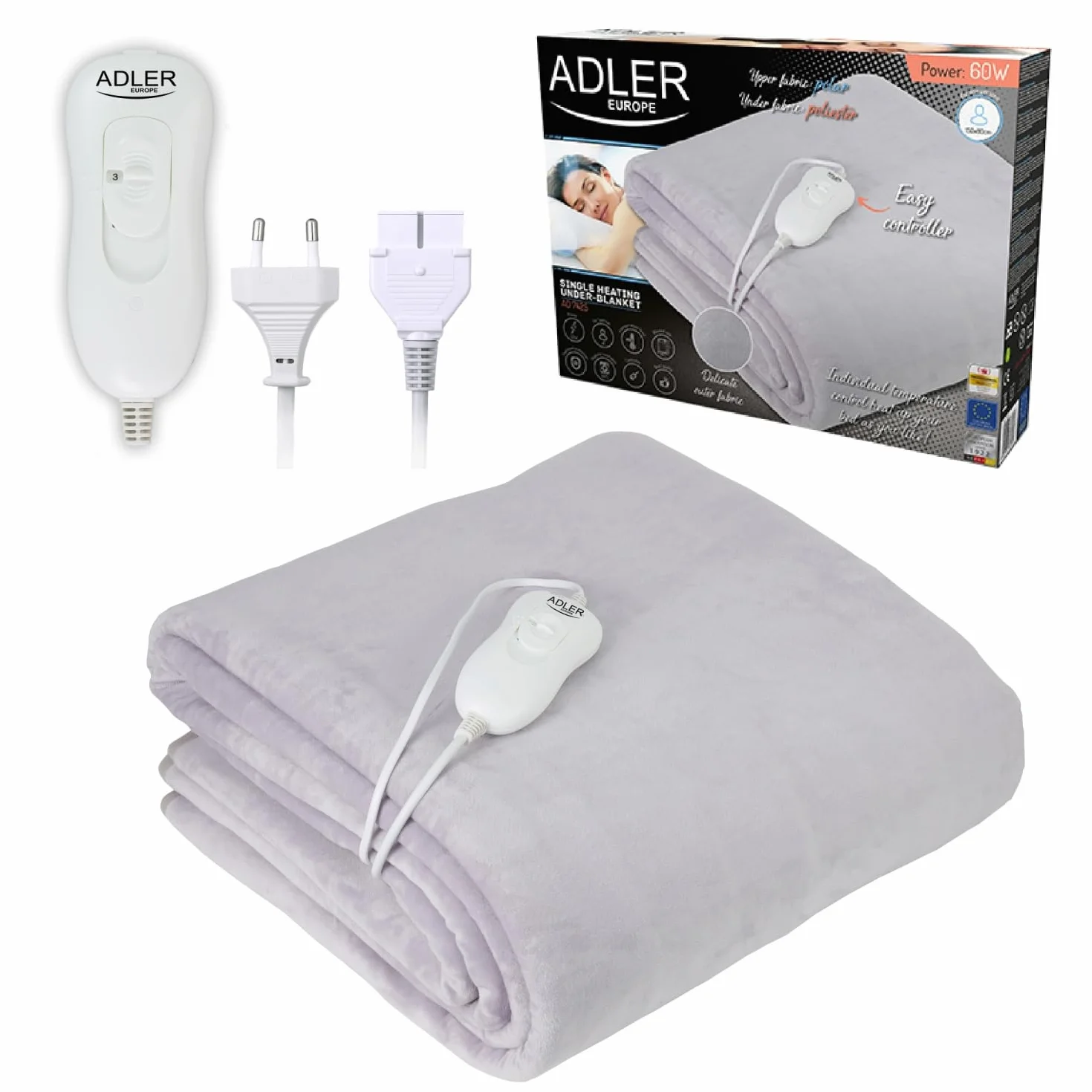 Adler Elektryczne łóżka grzewcze, 60 W, 3 stopnie temperatury, nadaje się do prania, 150 x 80 cm, ochrona przed przegrzaniem, polar poliestrowy, perłowy