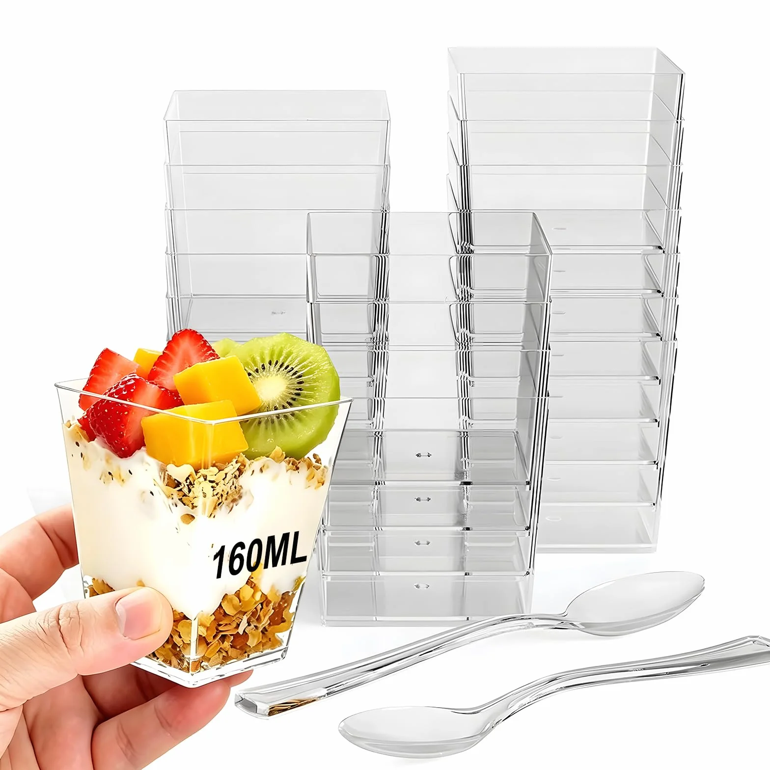 50 sztuk szklanek deserowych, 5 oz/160 ml przezroczyste miseczki deserowe kubki plastikowe, jednorazowe kubki deserowe, filiżanki deserowe do deserów, puddingów, musów, lodów