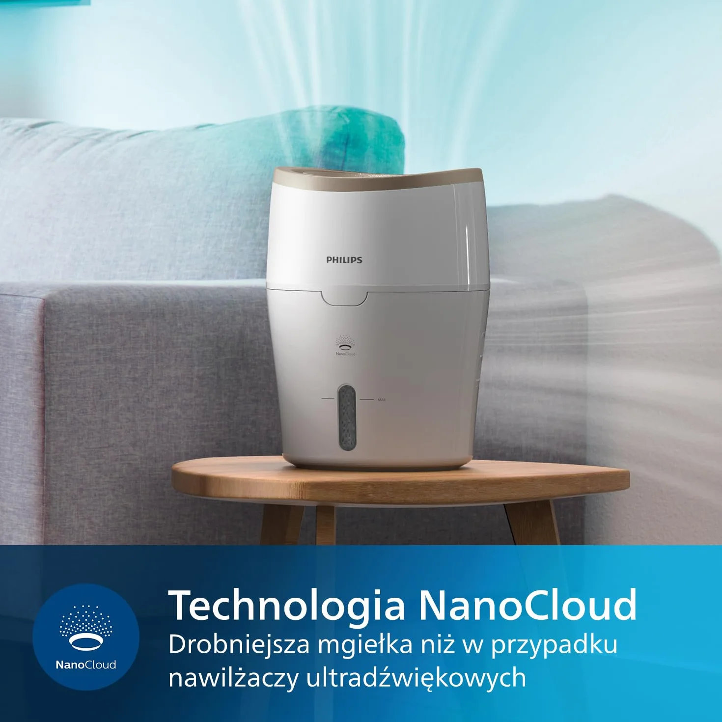 Philips Nawilżacz Powietrza Serii 2000, Nawilża Pomieszczenia do 38 m², Technologia NanoCloud, 2 Prędkości, 2l zbiornik na wodę, cichy, kolor biało/kremowy (HU4811/10)