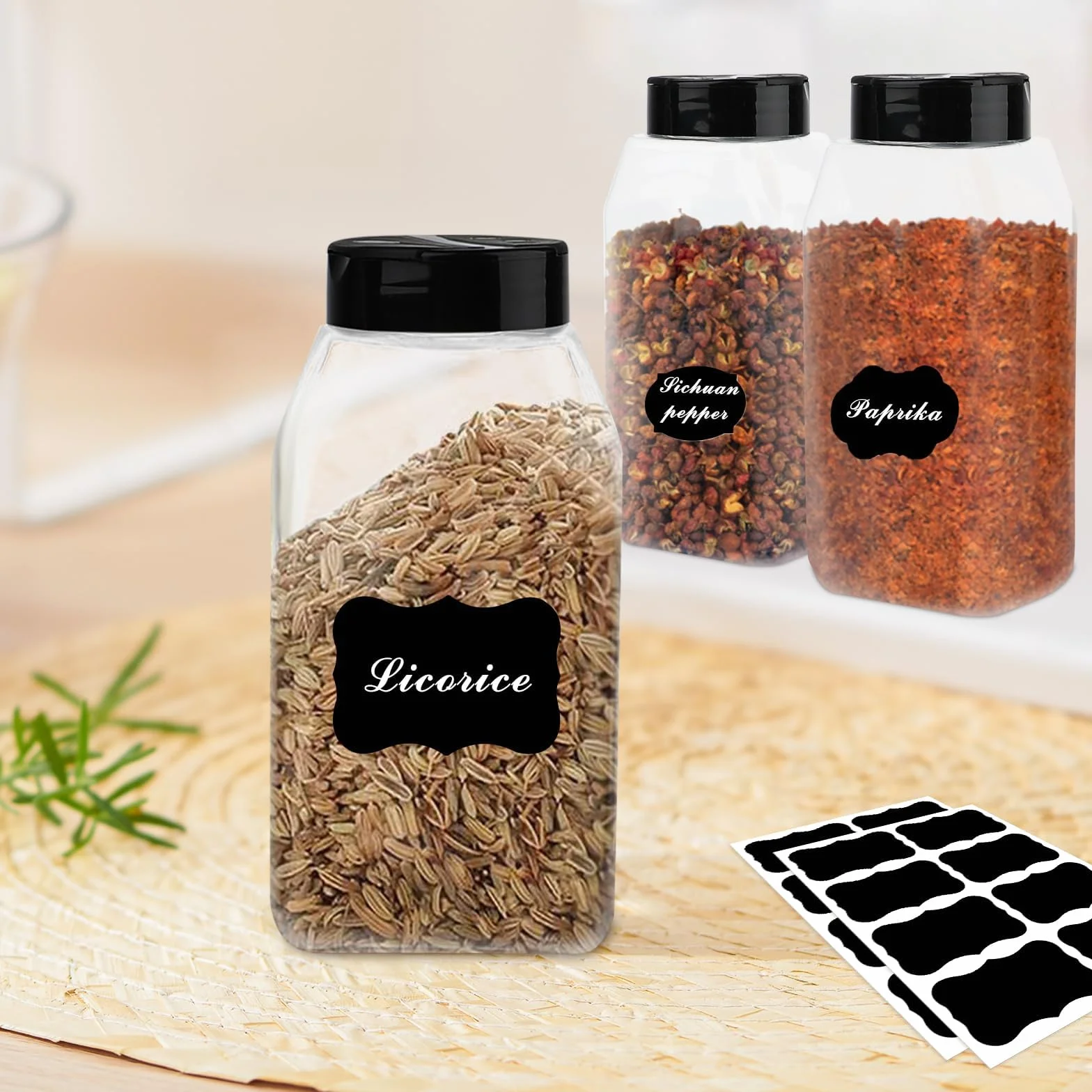 Zestaw 28 słoików na przyprawy, 480 ml, z tworzywa sztucznego, z czarną pokrywką, bez BPA, do kuchni, na przyprawy, zioła, BBQ Rub Meal Prep