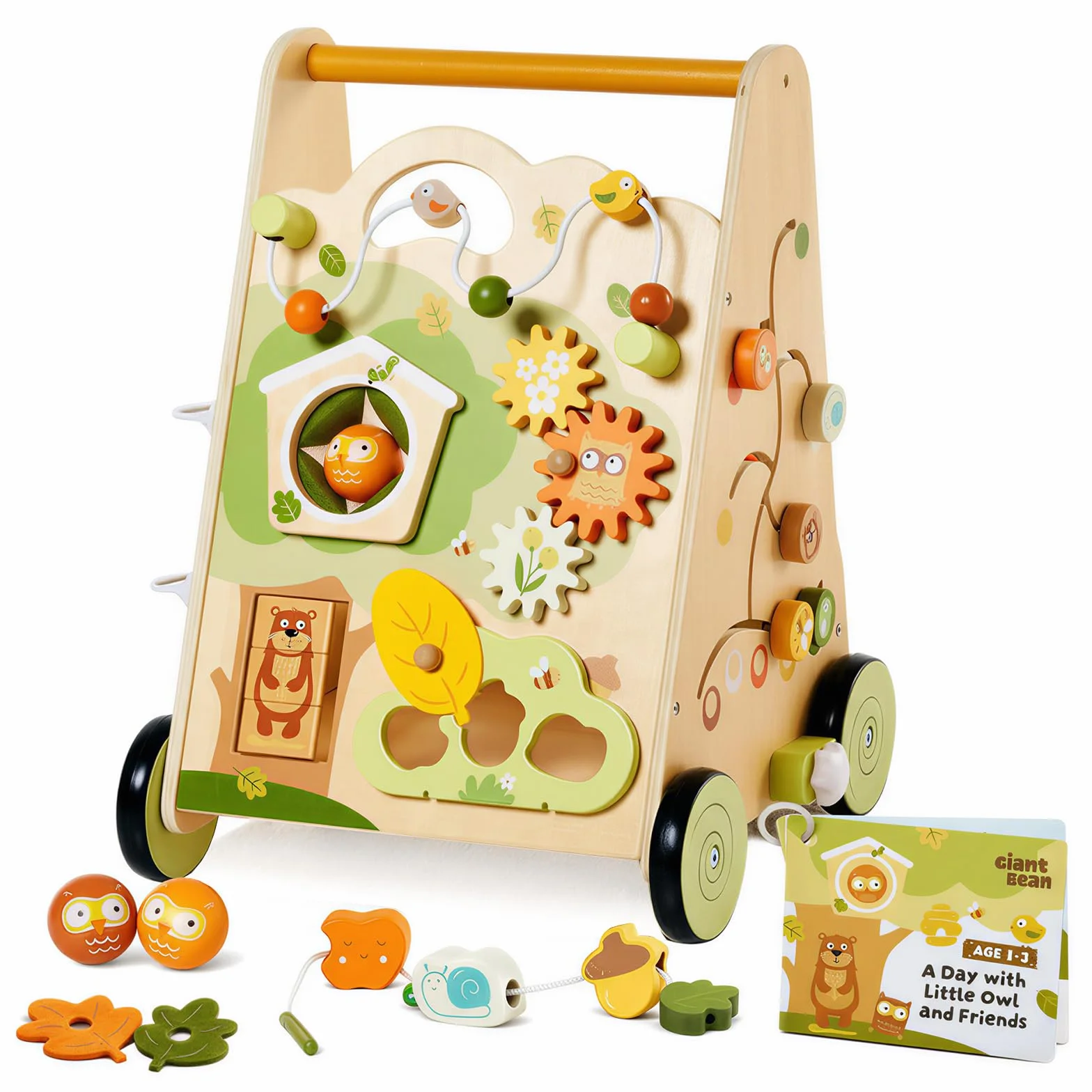 Drewniany chodzik dla dzieci Wooden Push Walker Wielokolorowy – Zabawka i pomoc w nauce chodzenia z centrum aktywności 8-w-1, regulowana prędkość i antypoślizgowe kółka dla dzieci od 1 roku życia
