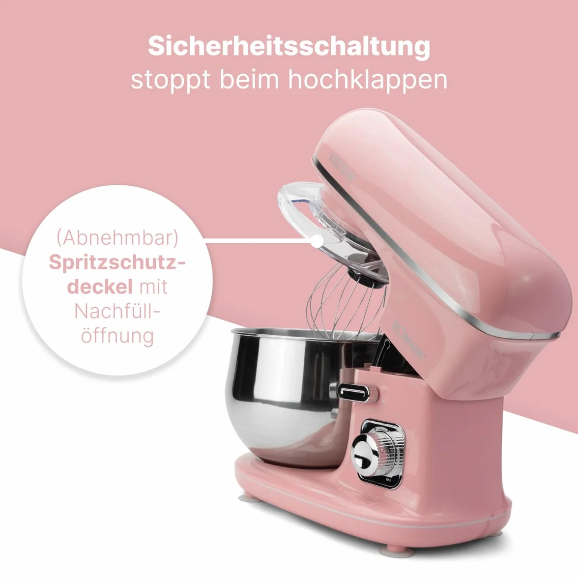 Bomann® Robot kuchenny w stylu retro, 5 l, z mocnym silnikiem 1100 W, w zestawie z hakiem i trzepaczką, w stylu retro, ochrona przed pryskaniem, z otworem do napełniania – KM 6030 CB różowy
