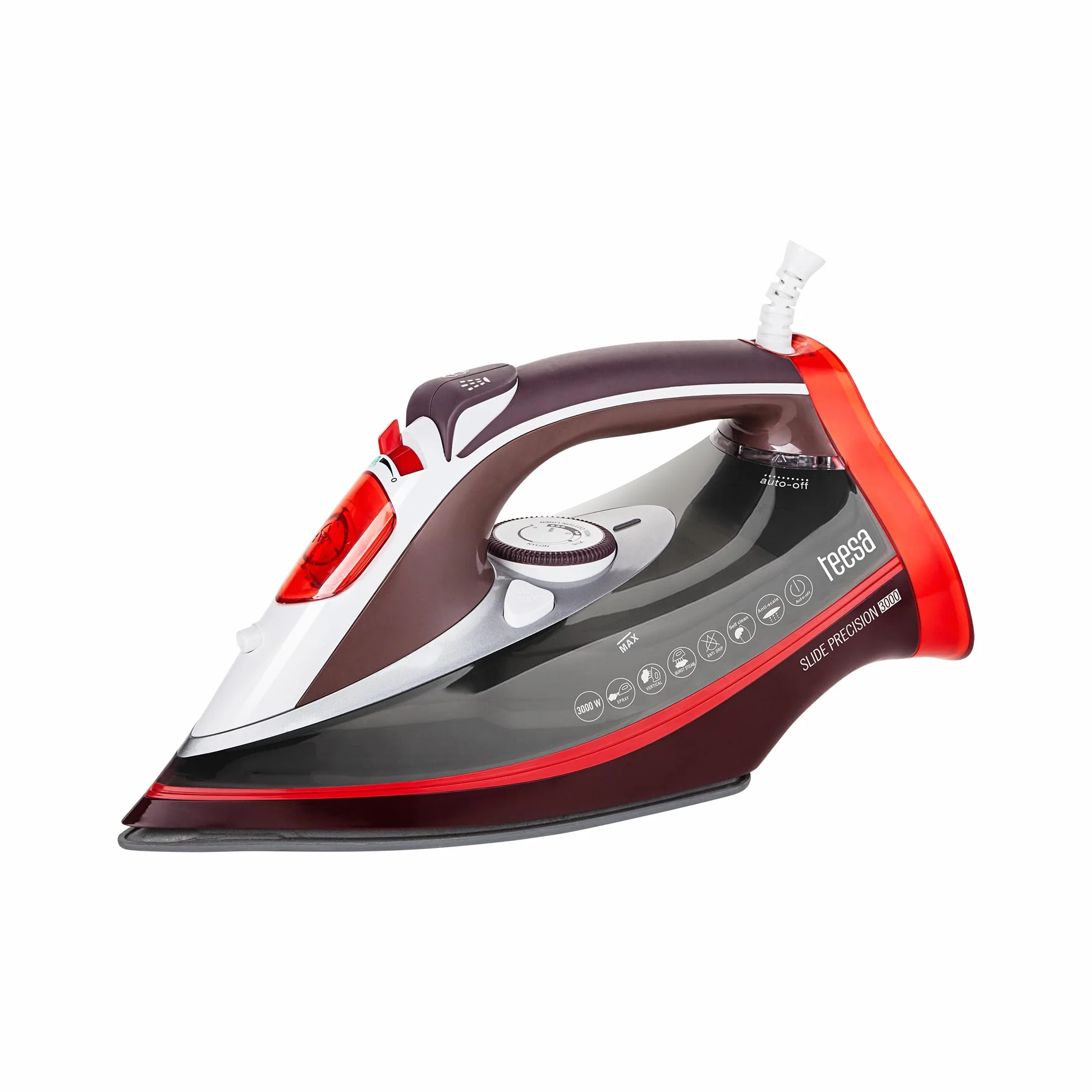 Teesa Żelazko Parowe Slide Precision 3000 W Prasowanie w Pionie i na Sucho Spryskiwacz Automatyczne Wyłączanie Czerwono-biało-szare TSA2011