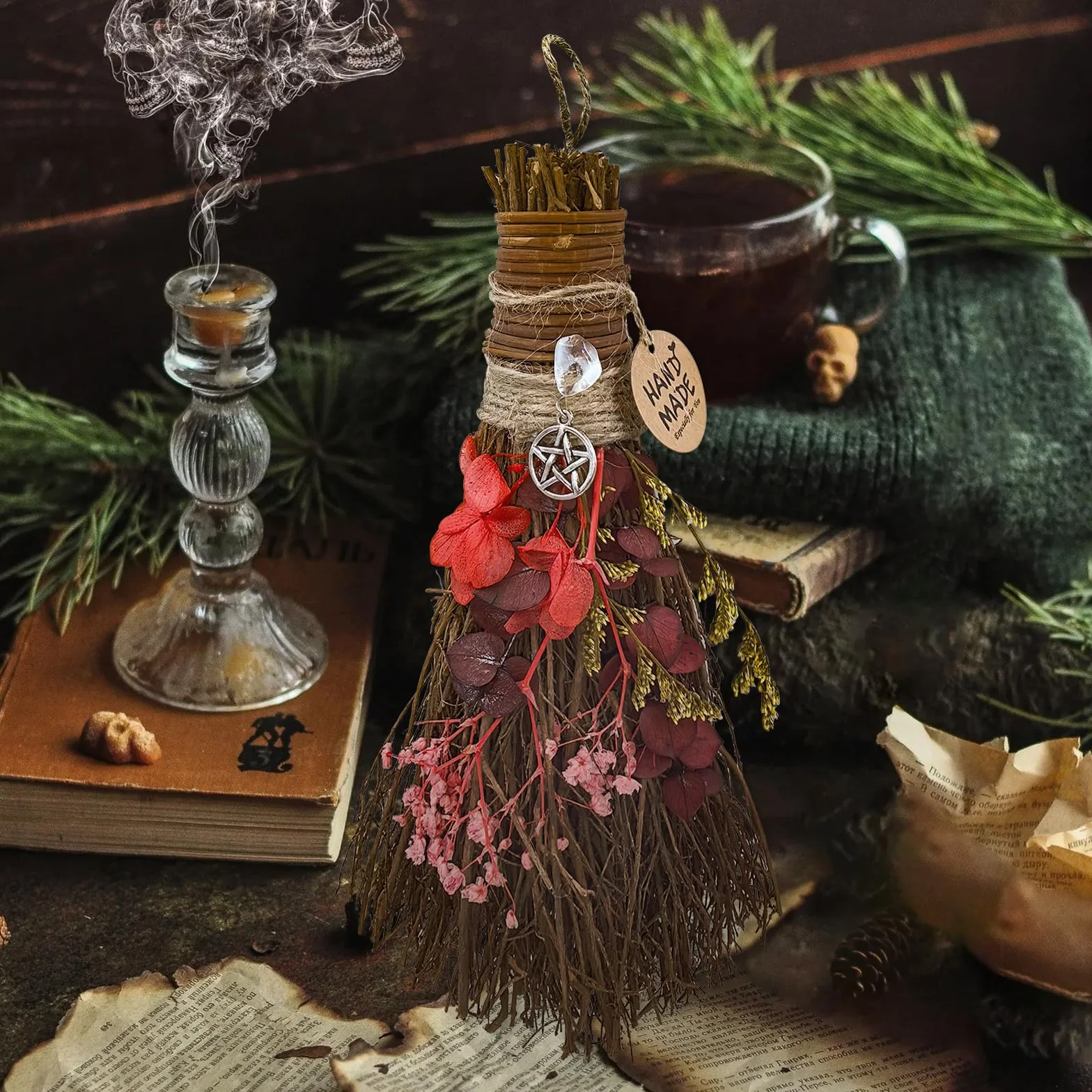 Miotła cynamonowa 19 cm, mini miotła czarownicy Boże Narodzenie, do majsterkowania, dekoracyjna miotła z suszonymi kwiatami, wicca, miotła, czarownica, akcesoria na magiczne ceremonie, Halloween
