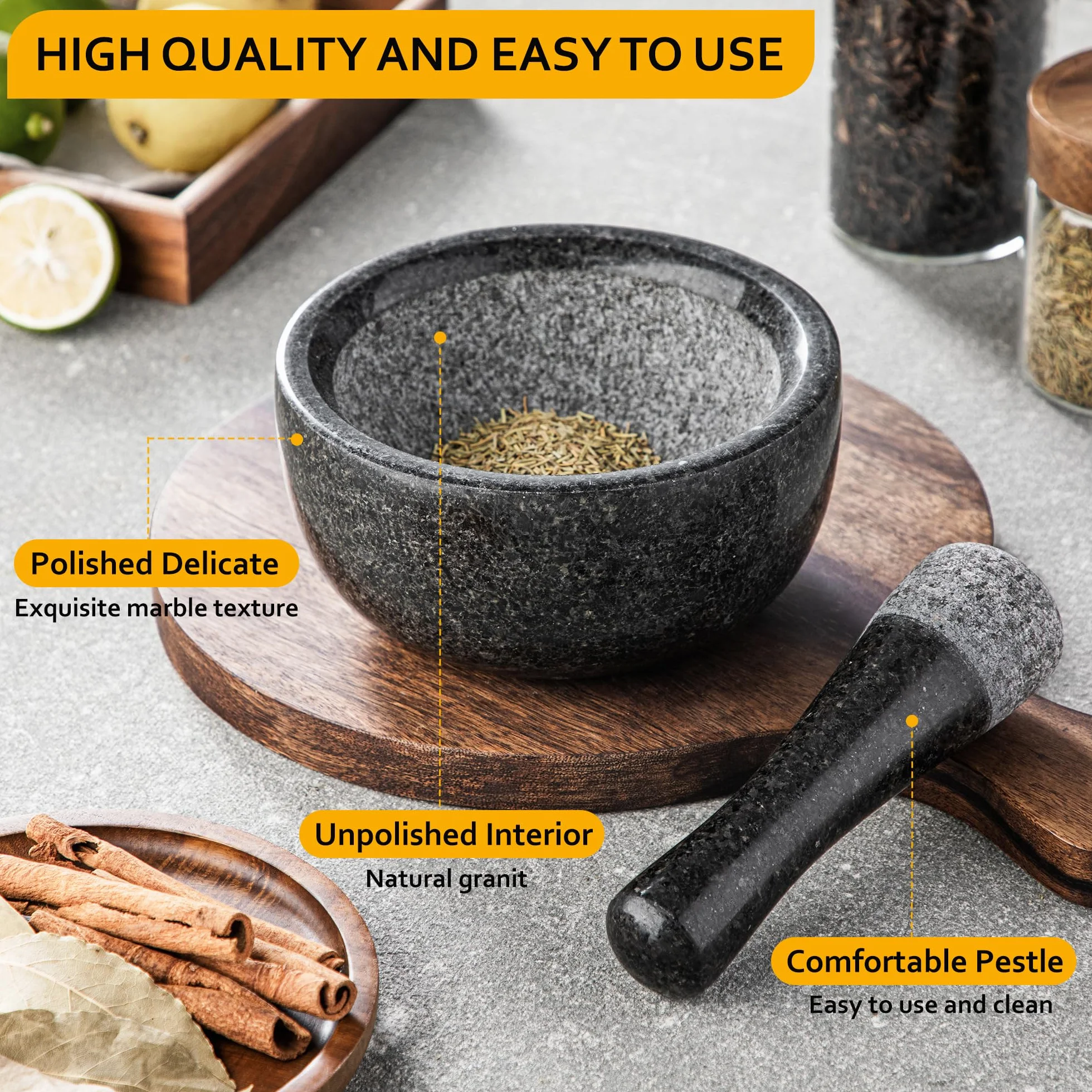 Velaze Moździerz kuchenny z granitu, do przypraw i ziół, średnica 16 cm, zaprawa, polerowany kamień naturalny