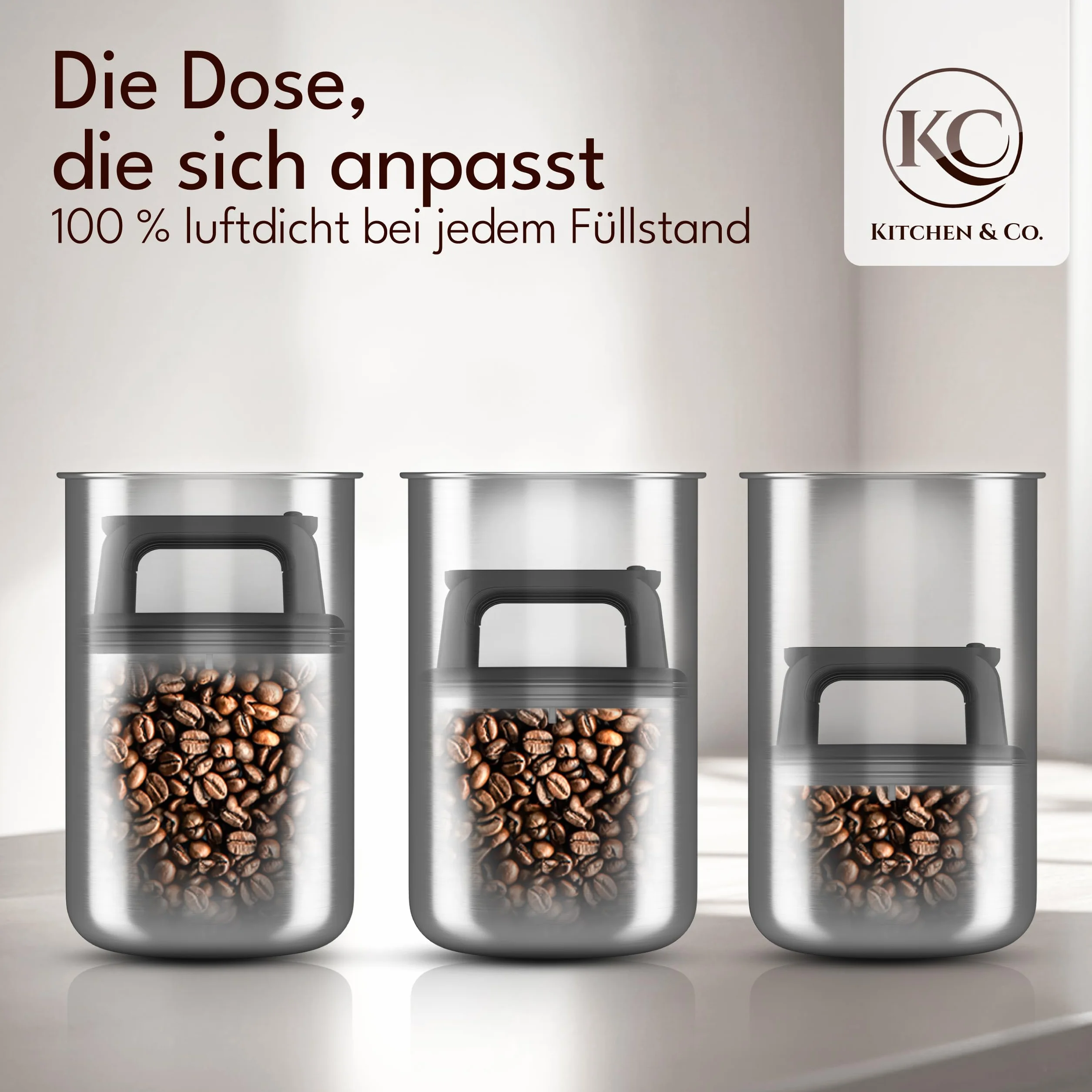 KC Kitchen & Co. Hermetyczny słoik na 1 kg ziaren kawy, słoik ze stali nierdzewnej, z pokrywką próżniową i aromatycznym korkiem, pojemnik na kawę, herbatę, cukier, srebrne płatki śniadaniowe