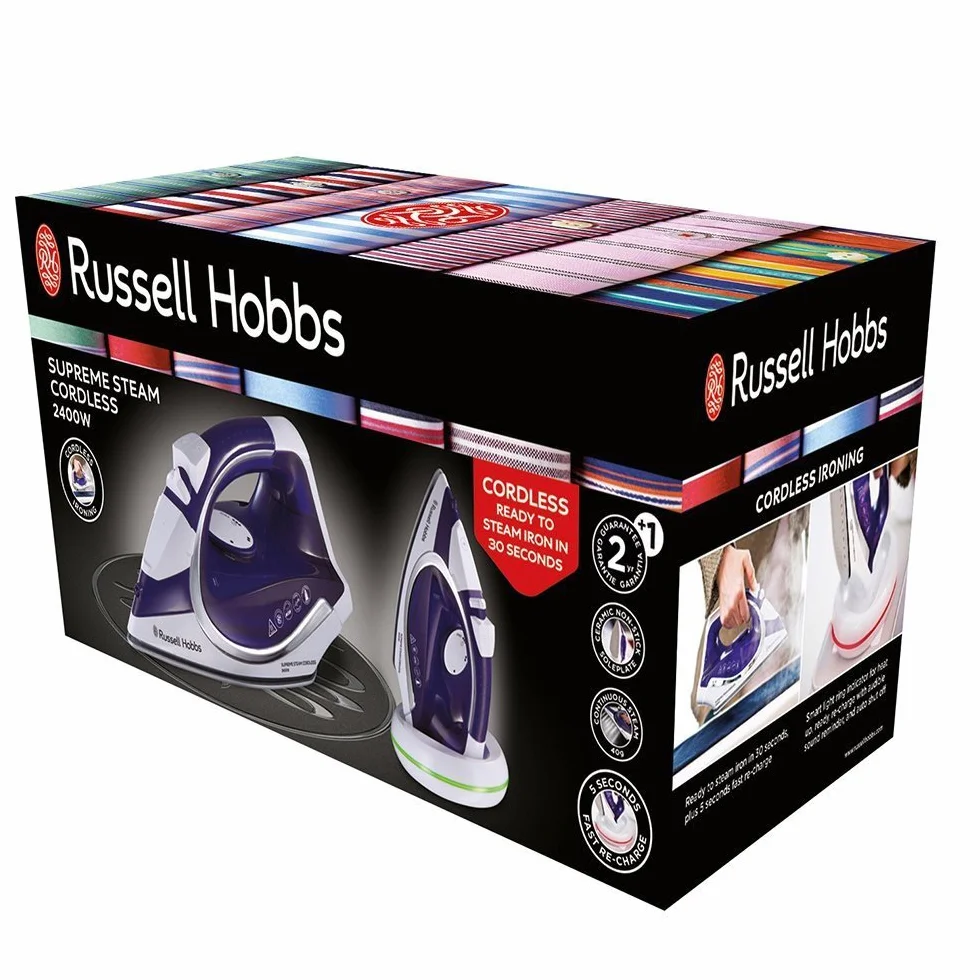 Russell Hobbs Żelazko parowe [2400W, udezenie pary 135g] Supreme Steam Cordless (bezprzewodowe ze stacją bazową, 300ml, ceramiczna stopa, funkcja samoczyszczenia, maks. czas prasowania 25s) 23300-56