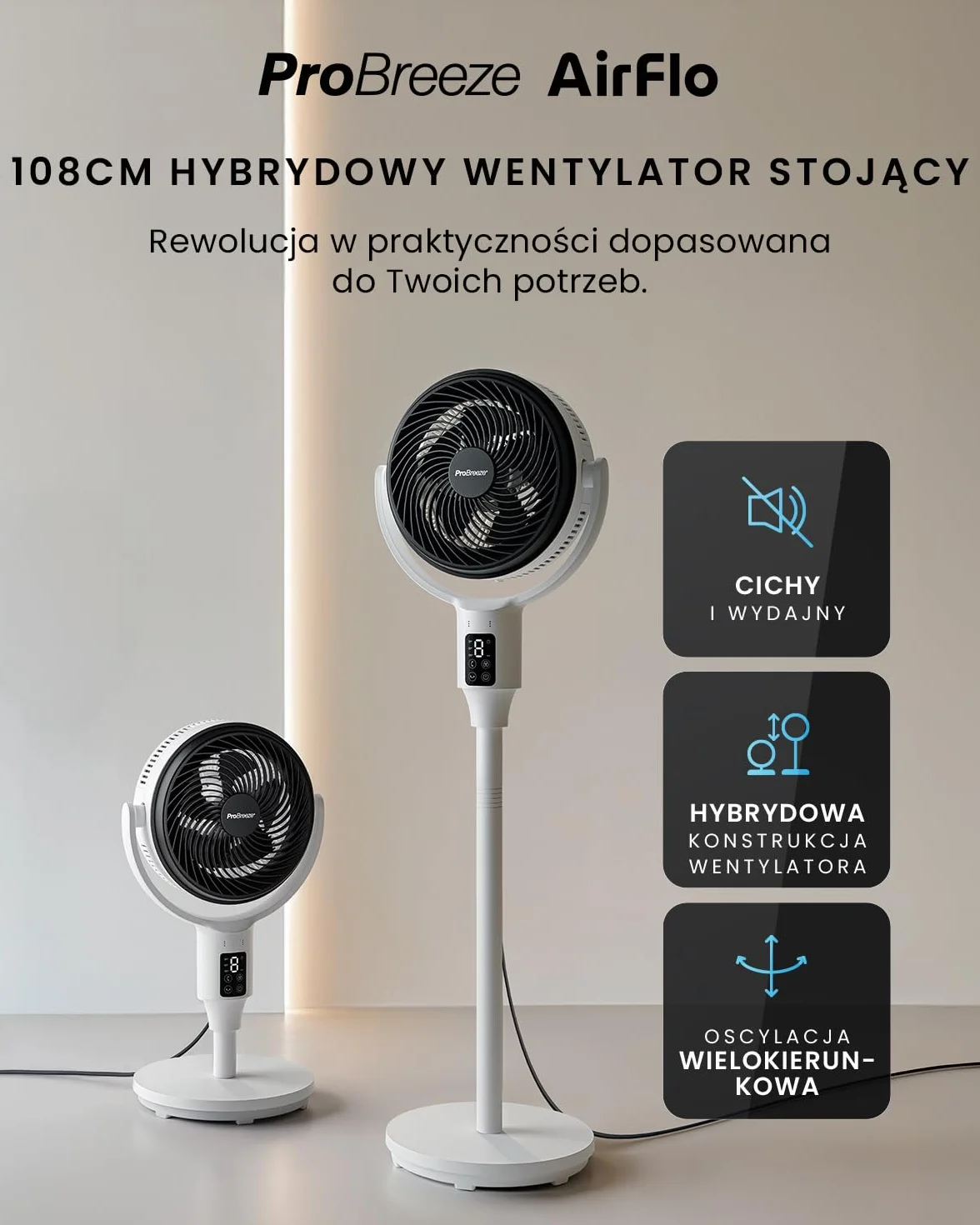 Wentylator kolumnowy Pro Breeze 109 cm – 29 dB Supercichy – Wyświetlacz LED, Pilot, 2 Tryby Chłodzenia, Ruch Pionowy i Poziomy – Energooszczędny – Dom i Biuro