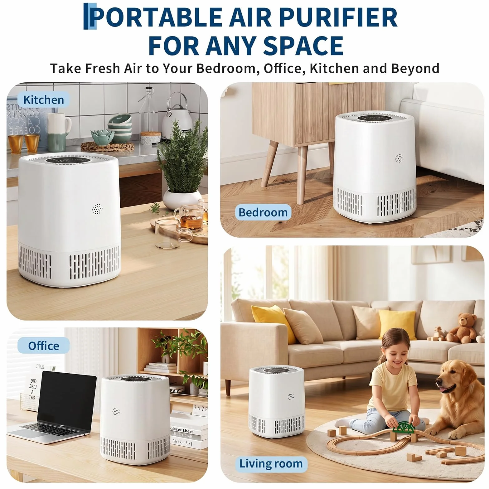 Oczyszczacz powietrza z filtrem HEPA 3 w 1, CADR 100 m³/h, do 15 m³/h, 5 stopni w zestawie tryb automatyczny i uśpienia, cichy 24 dB, USB Type-C, timer, zabezpieczenie przed dziećmi, dla alergików i