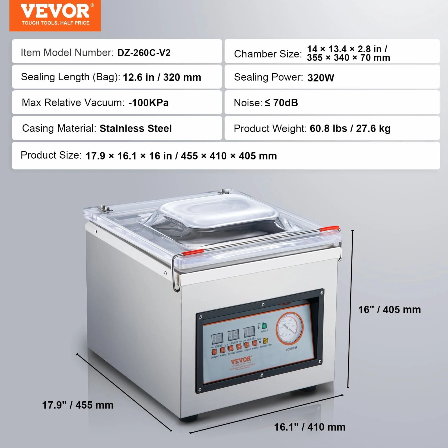 VEVOR Komora próżniowa maszyna pakująca 320 W, pakowaczka próżniowa kompaktowy rozmiar 320 mm w kuchni domowej i do użytku komercyjnego do mokrej żywności, mięsa, marynat