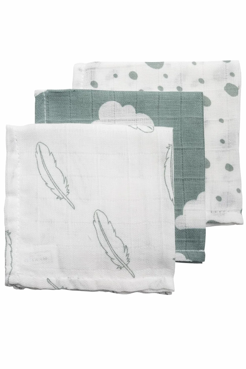 Meyco Hydrophilic Burp Cloths - Feather-Cloud-Dots - Zestaw 3-30x30cm - Stone Green/White