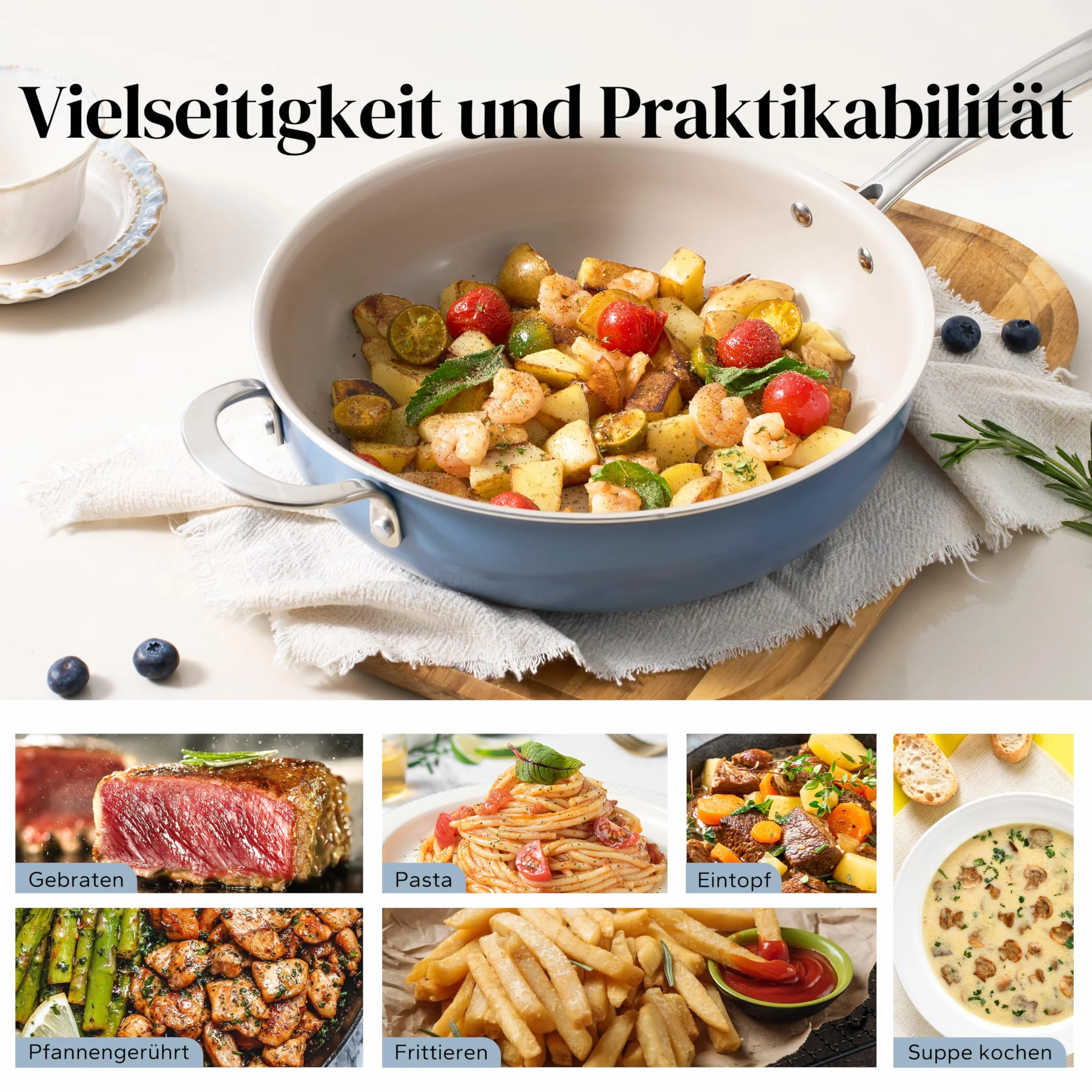 Redchef Patelnia 28 cm, patelnia z pokrywką z powłoką nieprzywierającą, ceramiczna patelnia, patelnia do smażenia indukcyjna z ceramiczną powłoką z uchwytem ze stali nierdzewnej, bez PTFE, bez PFOA